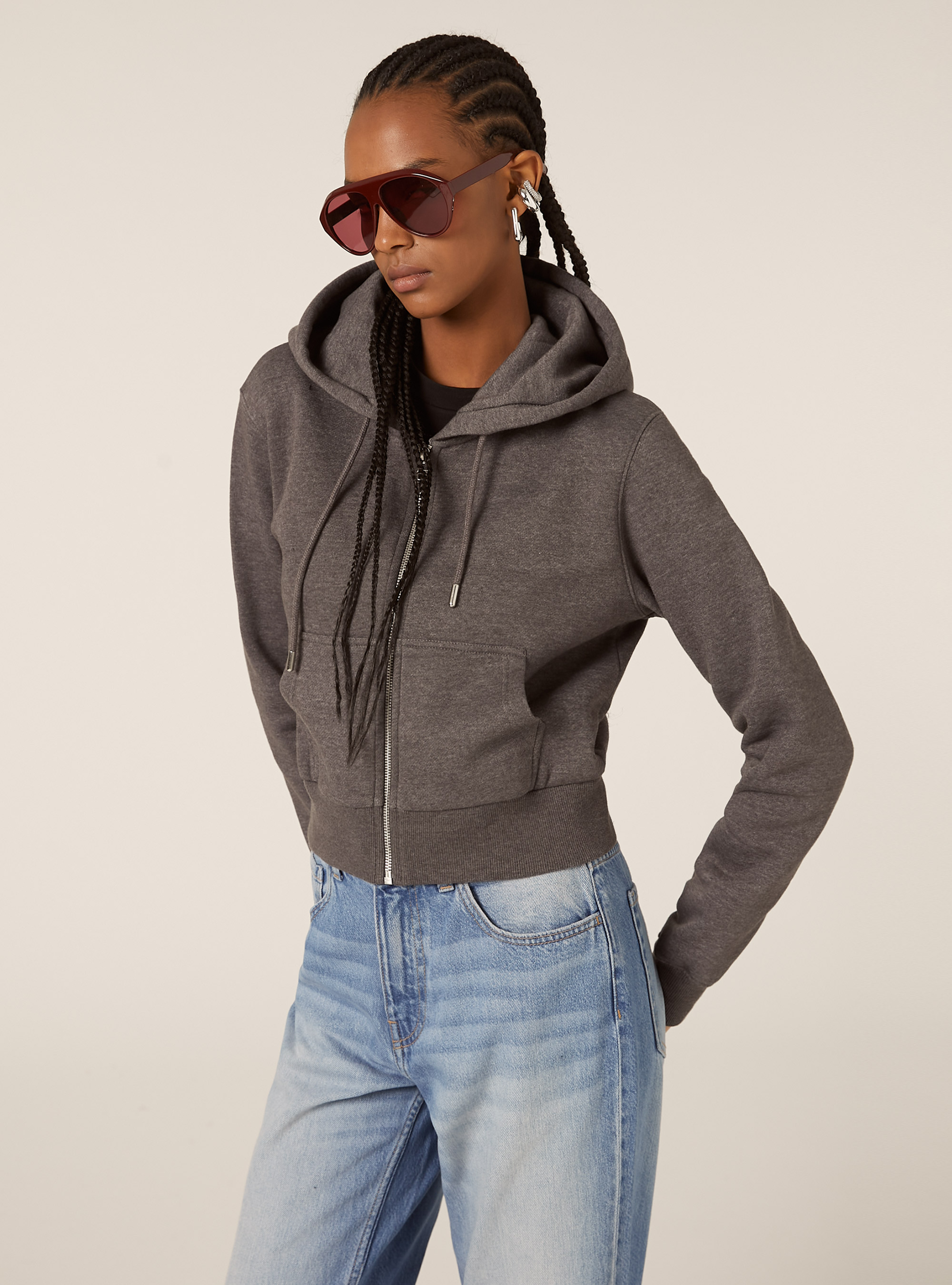 Sweat à capuche zippé court, MGY1 GREY MEL DARK