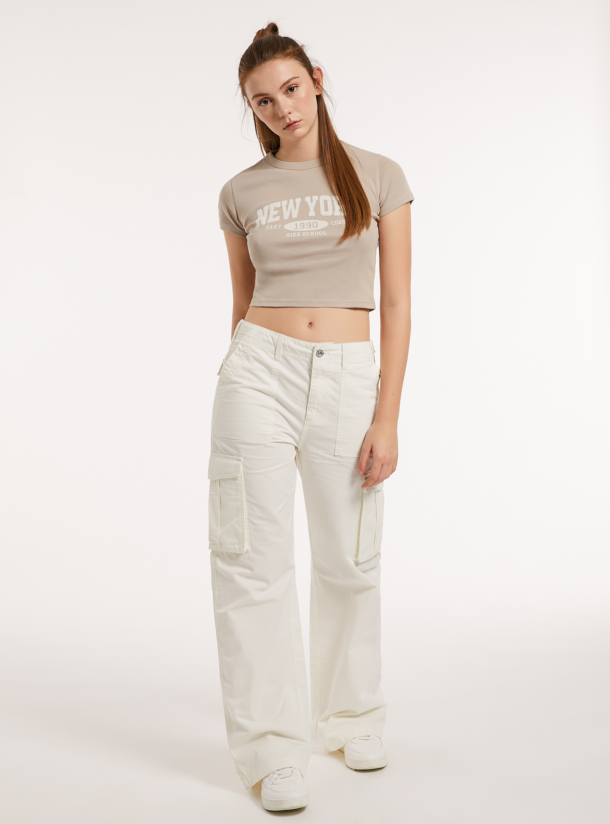 Cropped t-shirt with print, BG3 BEIGE LIGHT