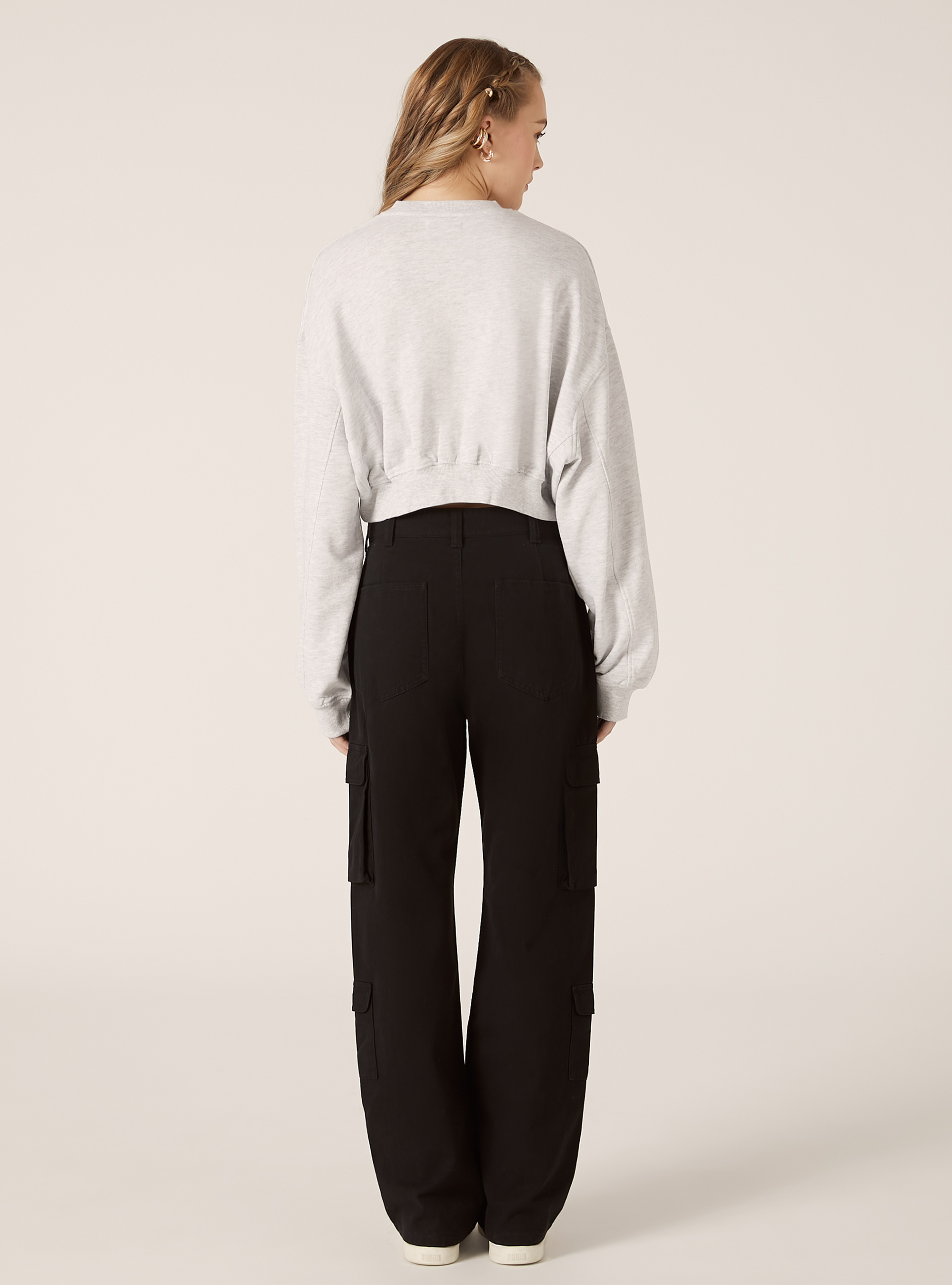 Felpa girocollo cropped, MGY3 GREY MEL LIGHT