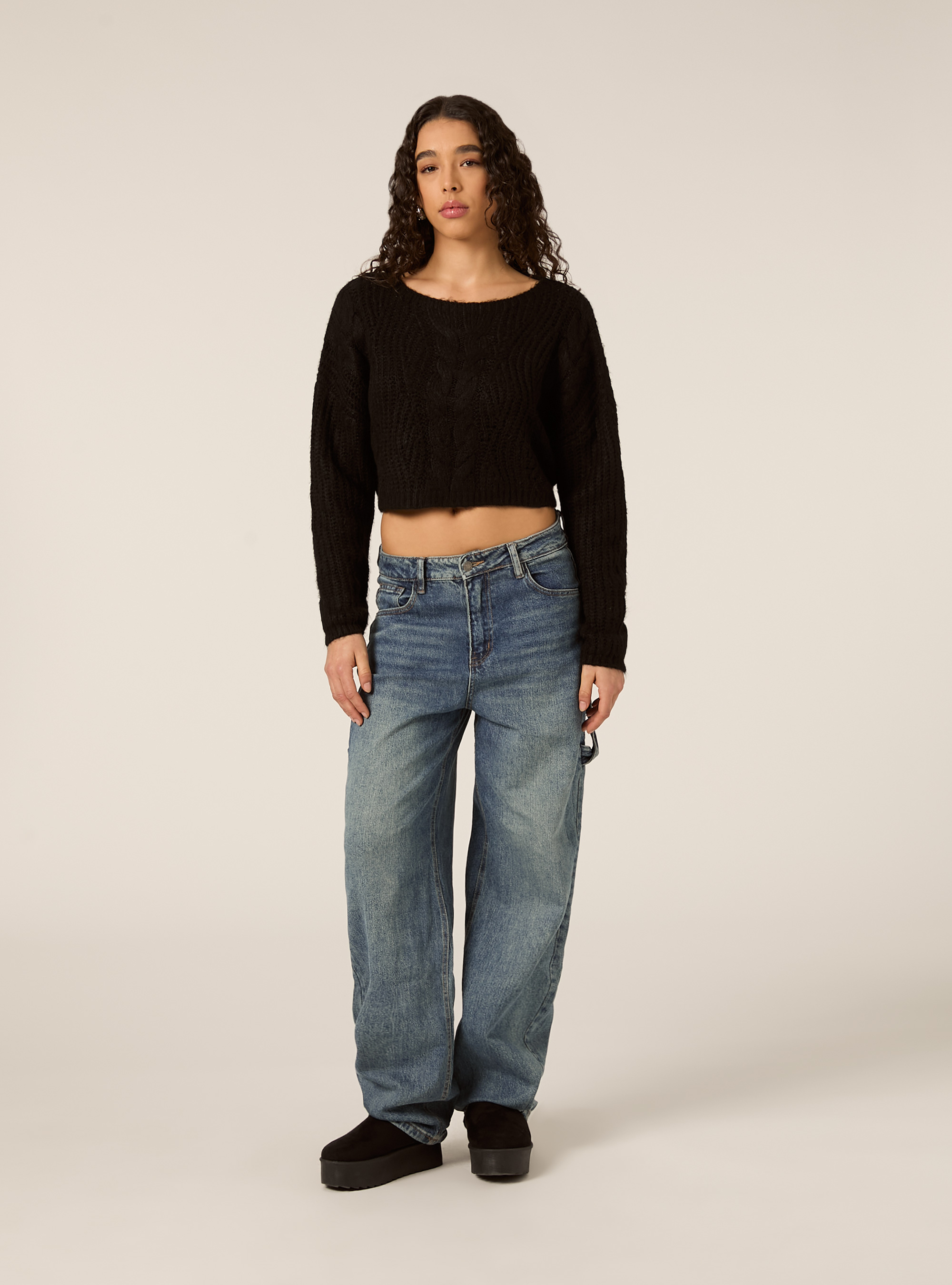 Maglia a trecce scollo a barca, BK1 BLACK