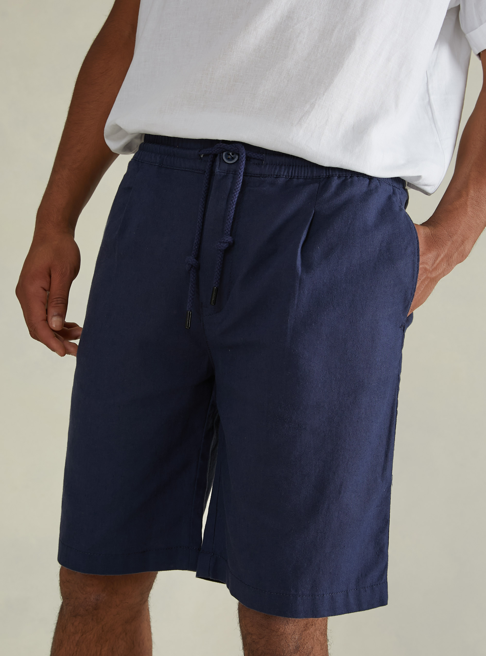 Linen Bermuda Shorts with Drawstring, NA2 NAVY MEDIUM
