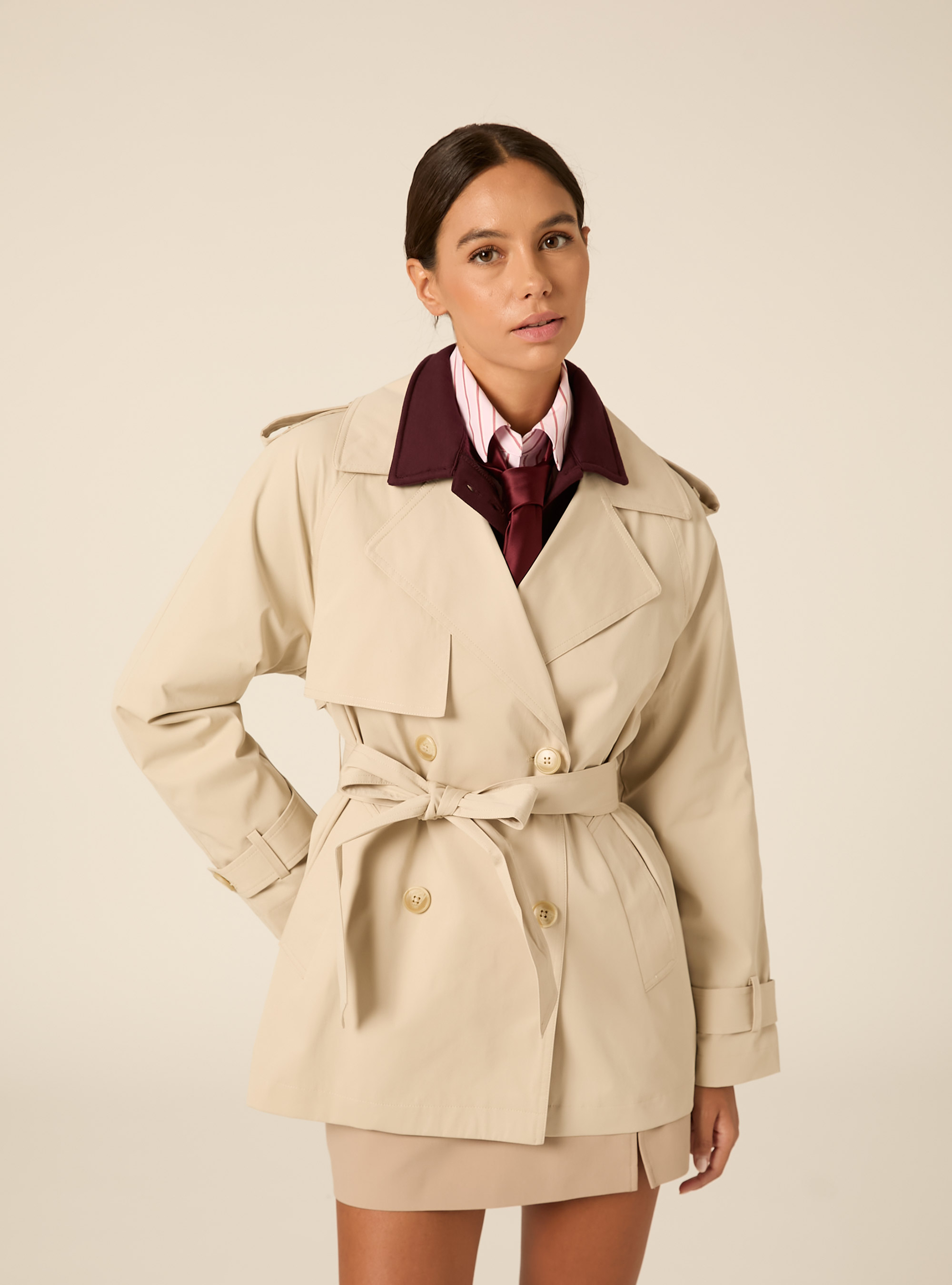 Short Double-Breasted Belted Trench Coat, CR2 CREAM MEDIUM