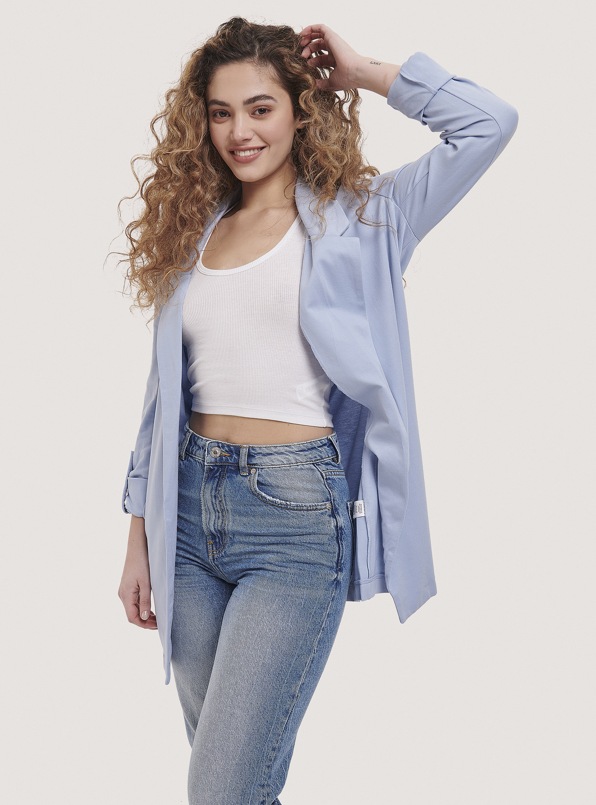 Blazer lungo in tinta unita, C177 AZZURRE