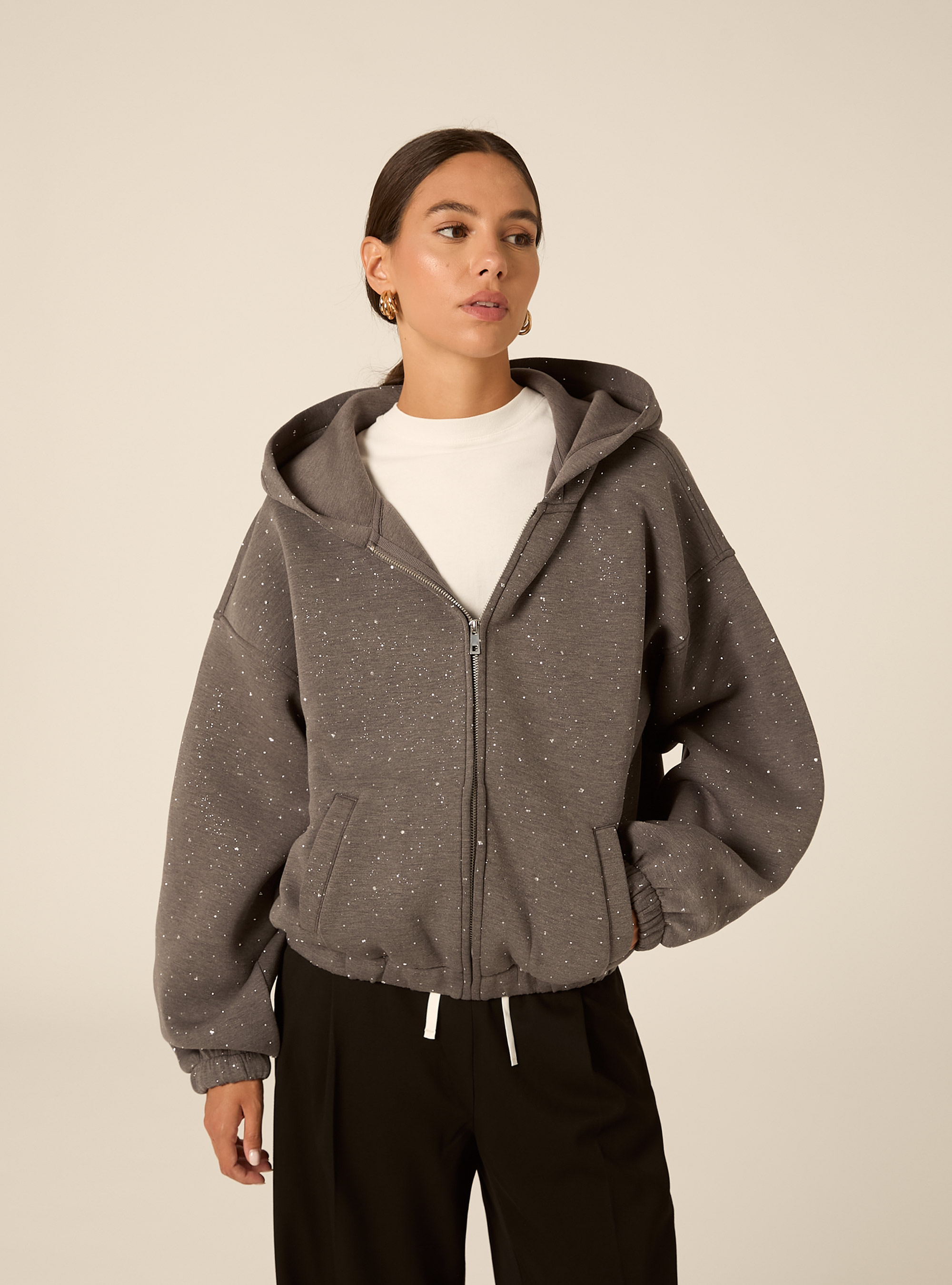 Cardigan felpa in scuba boxy fit con strass, GRIGIO MEDIO MELANGE