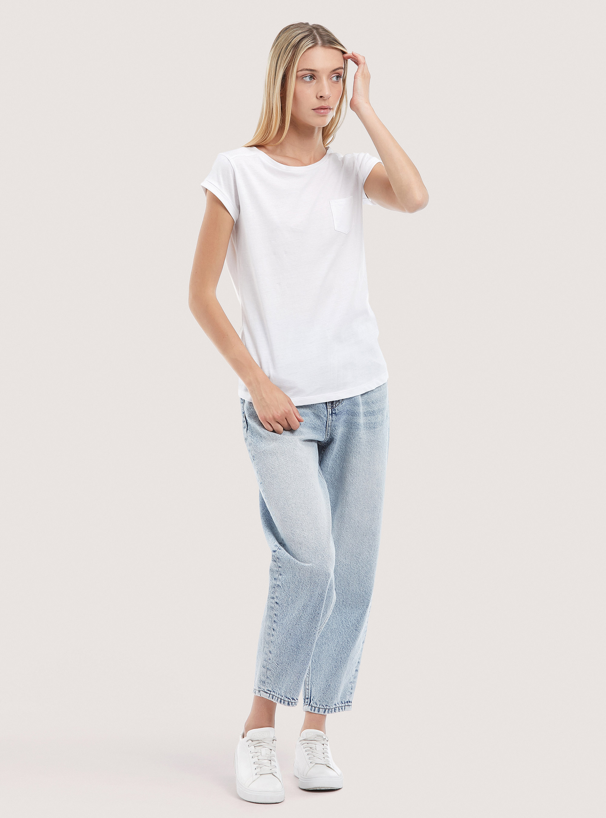 Camiseta básica de algodón con bolsillo en el pecho, BLANCO
