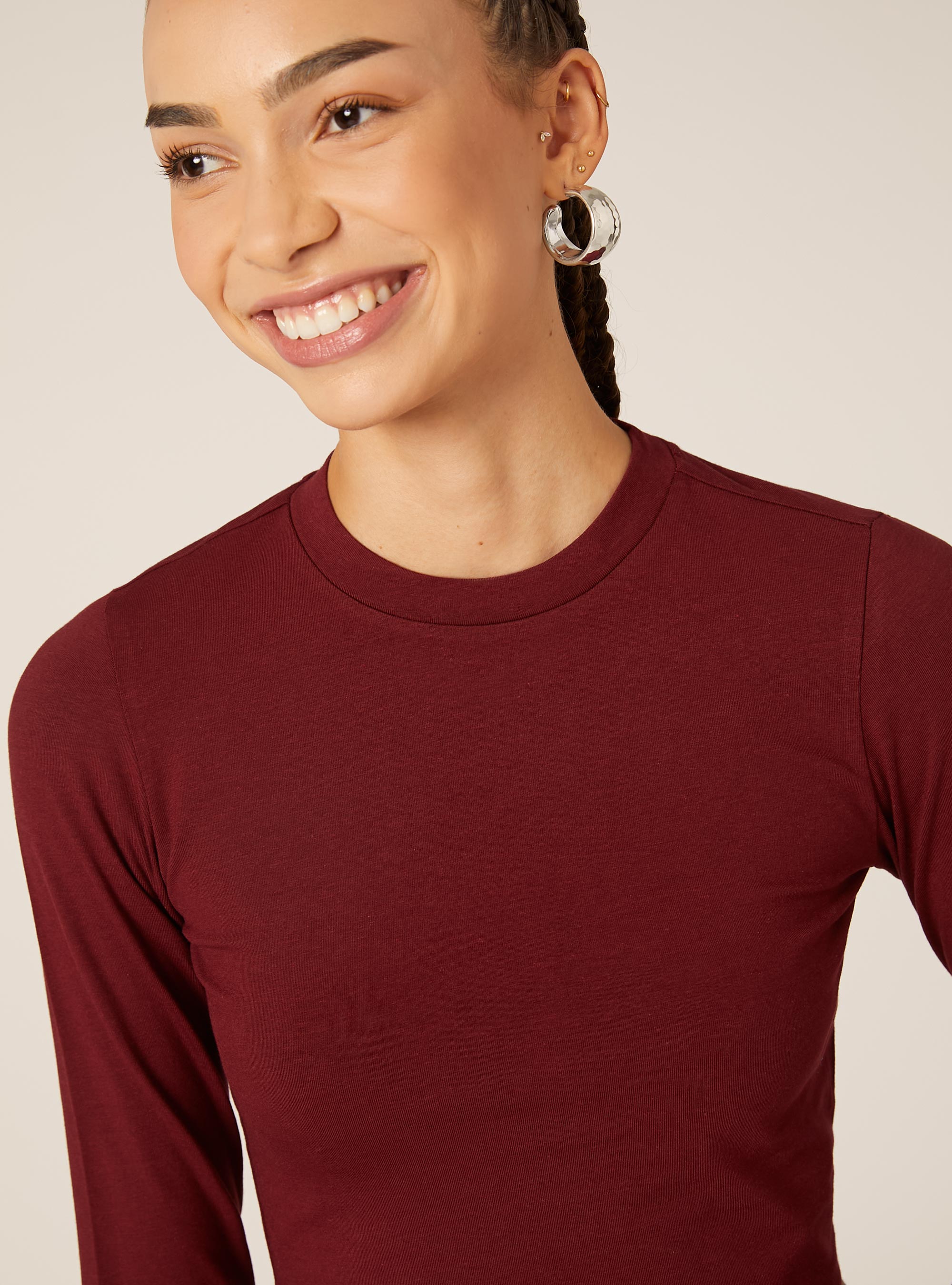 Maglietta cropped a maniche lunghe, BO1 BORDEAUX DARK