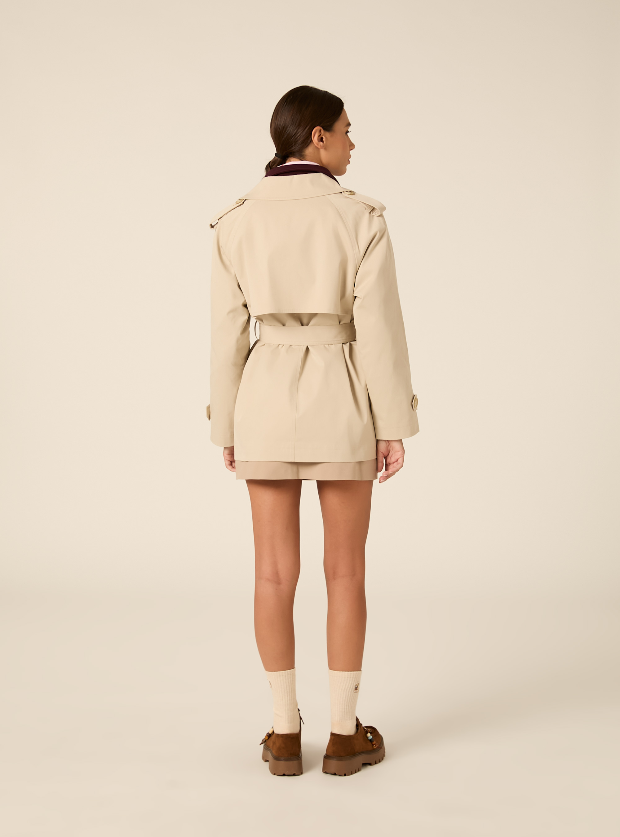 Short Double-Breasted Belted Trench Coat, CR2 CREAM MEDIUM