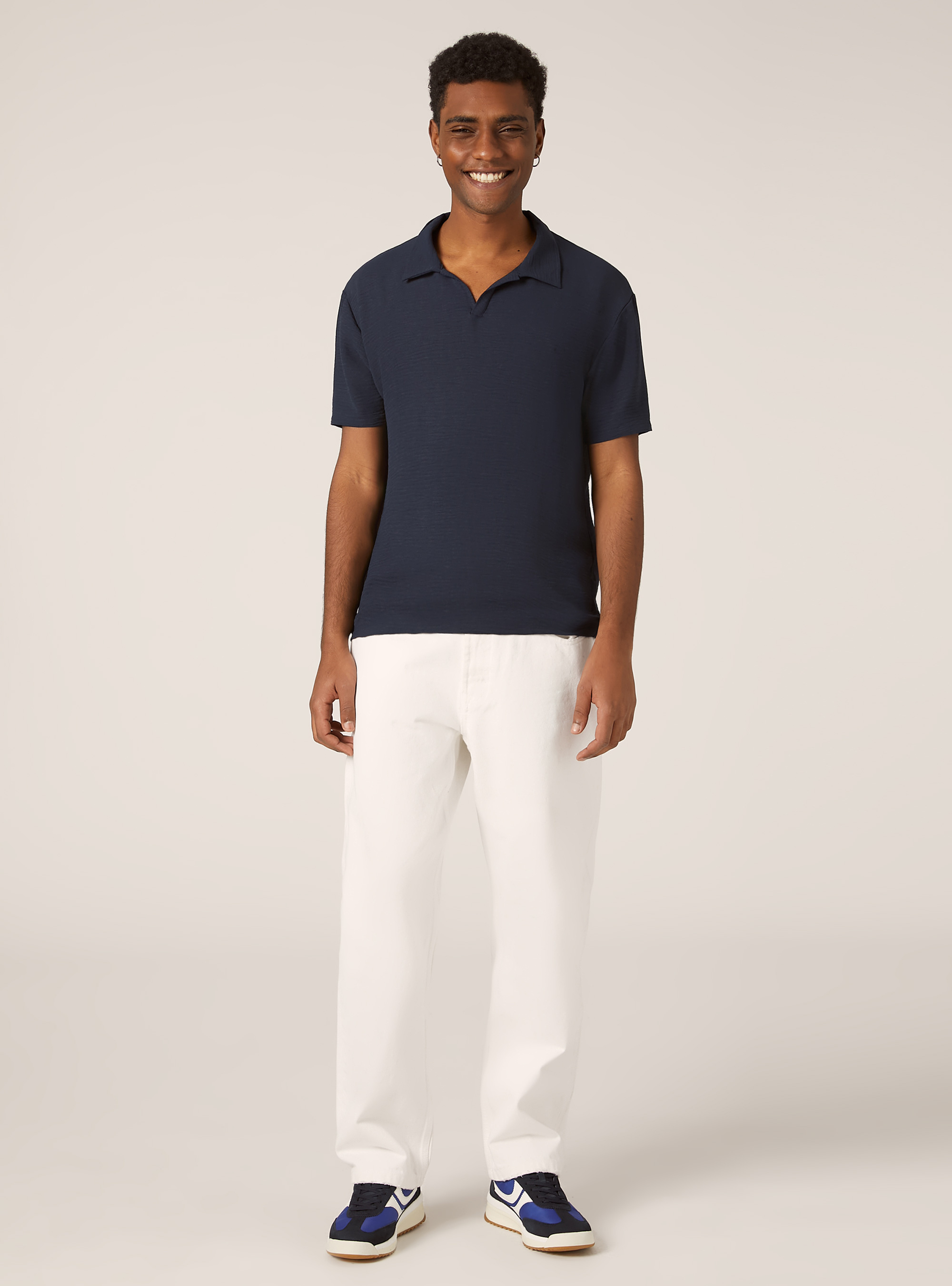 Polo in crepe con collo aperto, NA2 NAVY MEDIUM