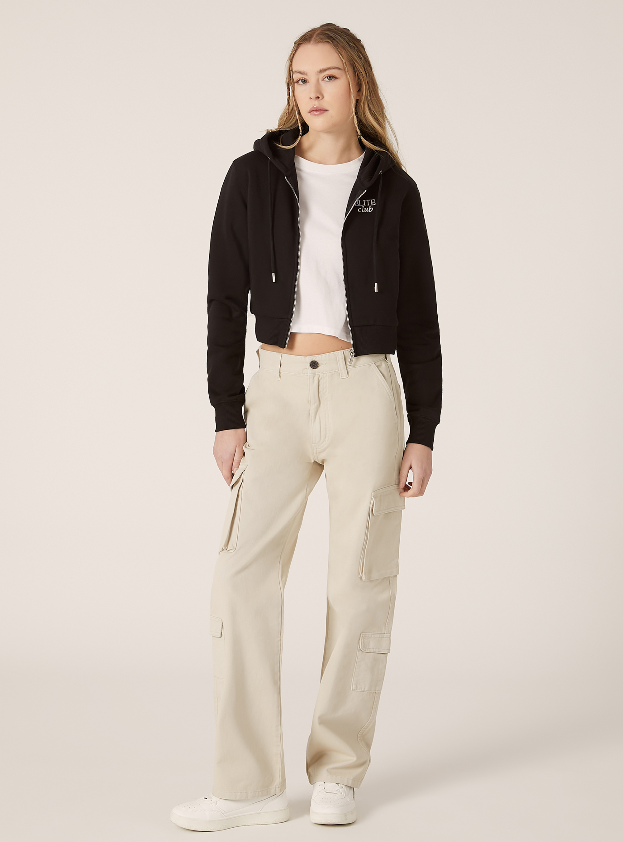 Cropped sweatshirt with zip and print, BK1 BLACK