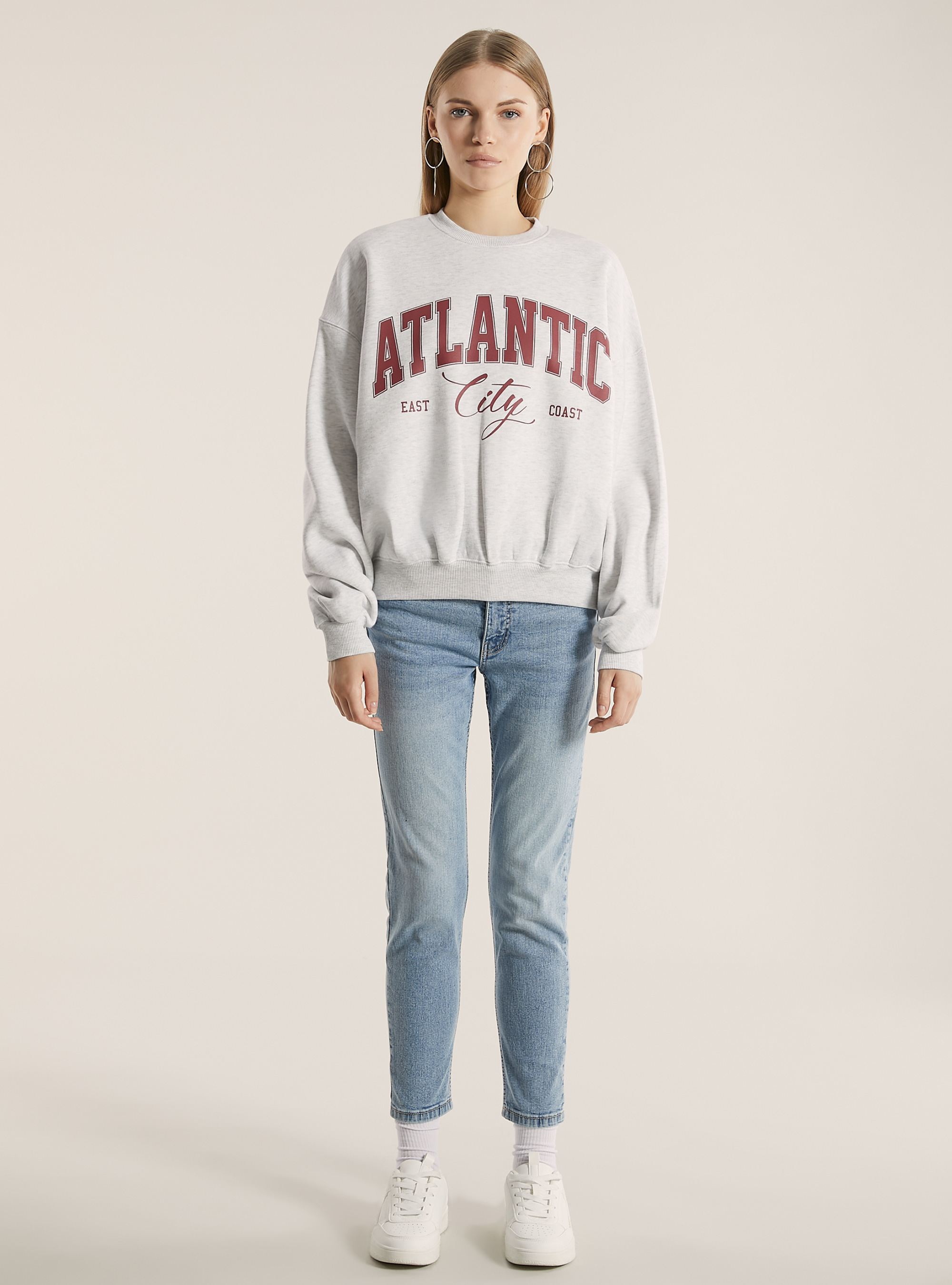 Felpa oversize con stampa, MGY3 GREY MEL LIGHT