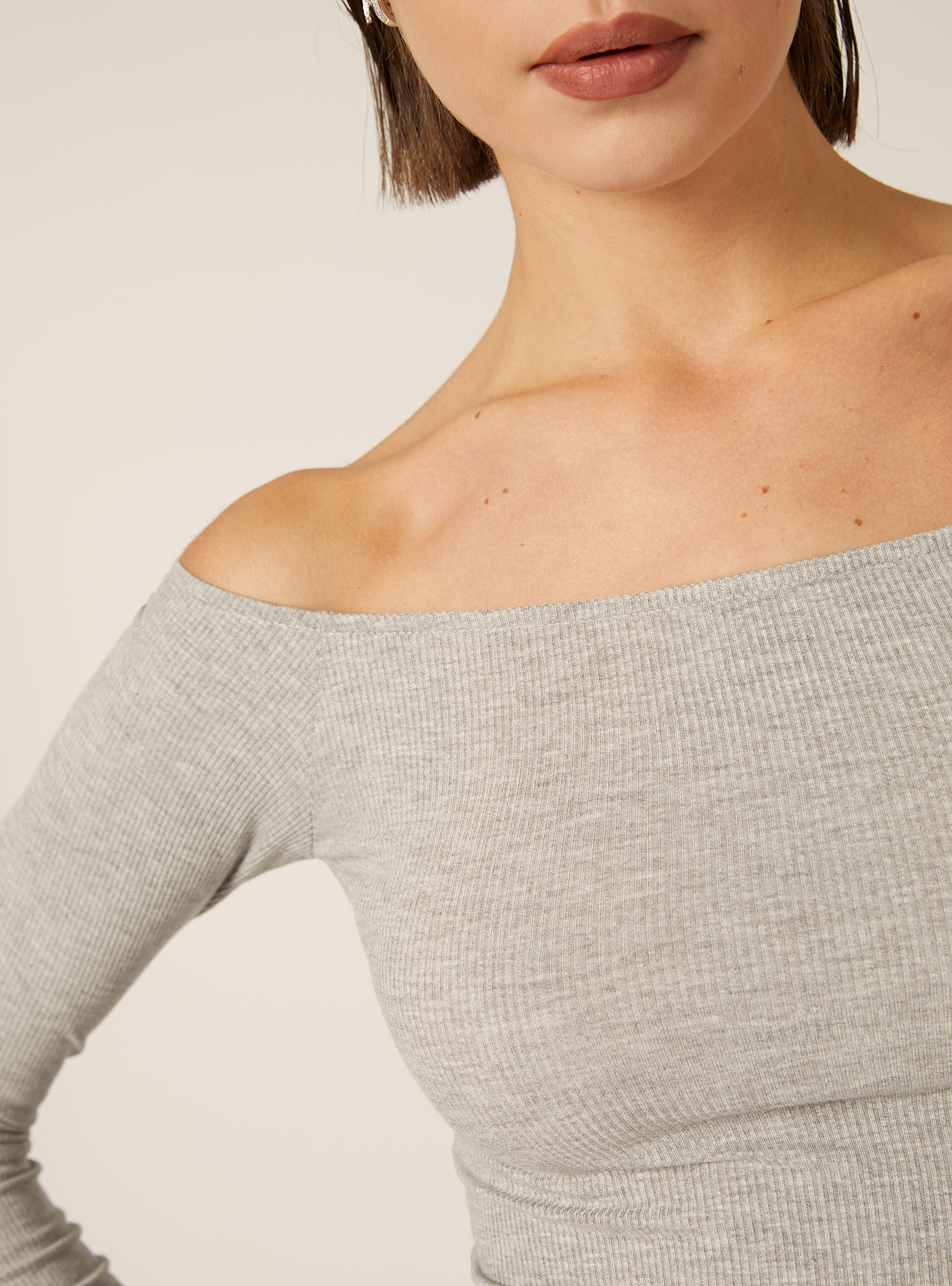 Maglia maniche lunghe scollo bardot, MGY3 GREY MEL LIGHT