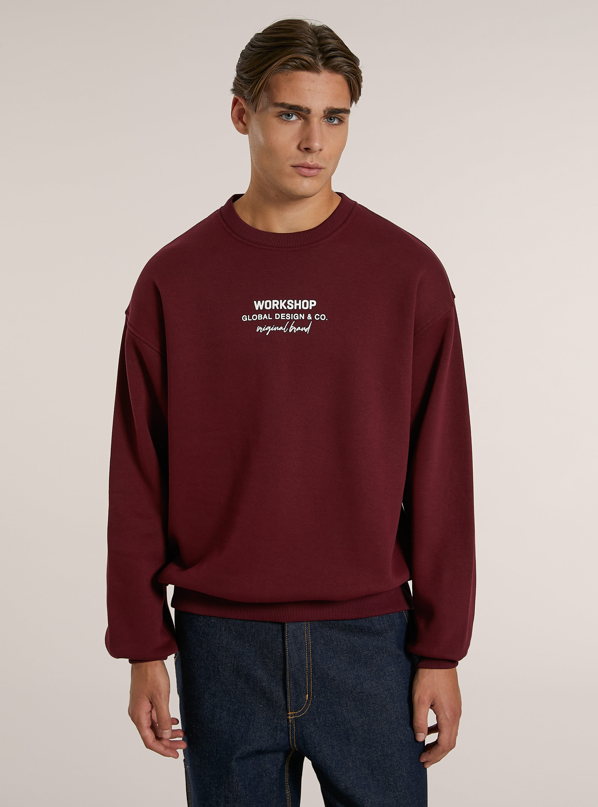 Boxy fit sweatshirt with Workshop print, BO1 BORDEAUX DARK