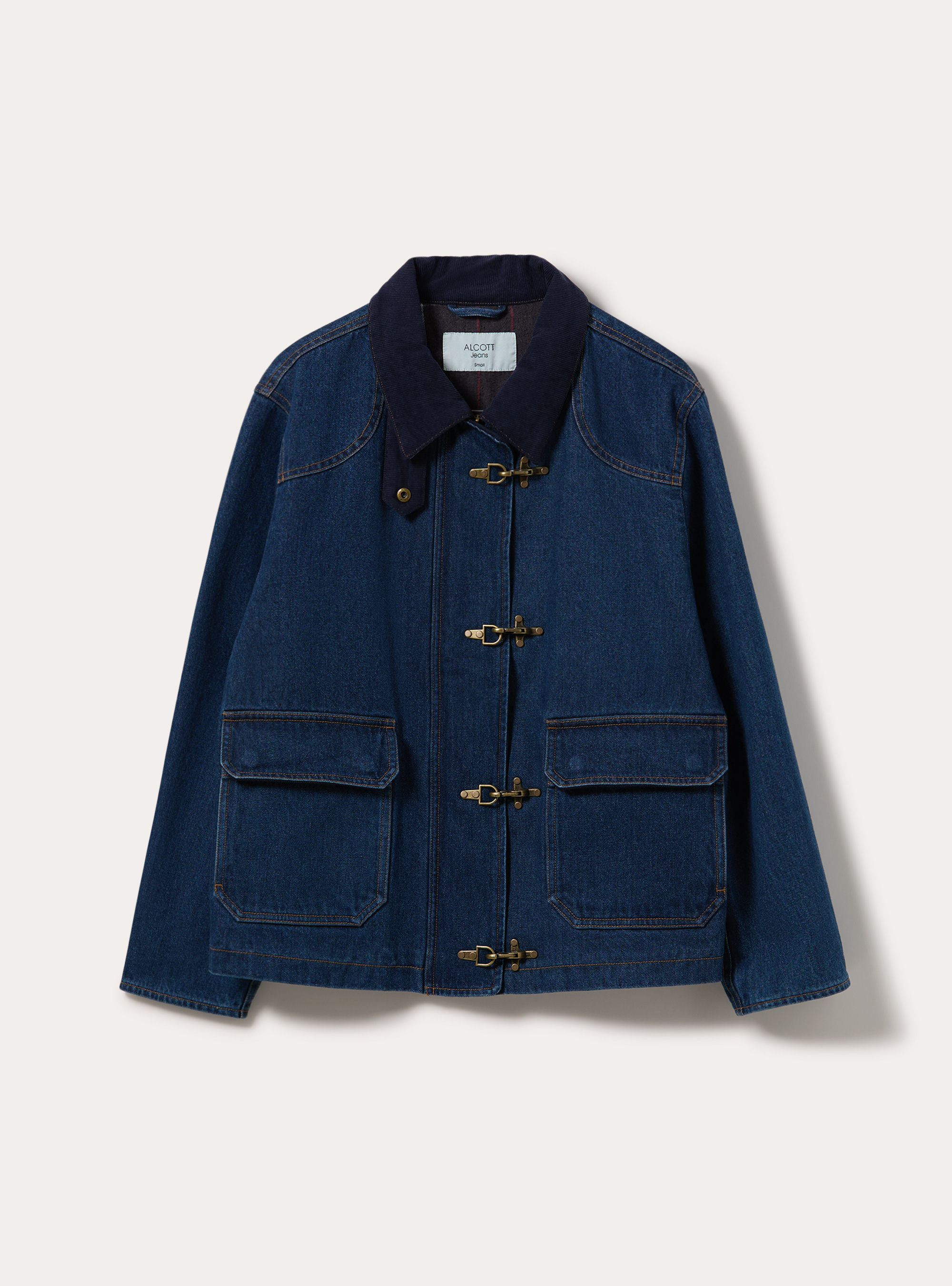 Giubbotto in denim con alamari e collo a contrasto, D002 MEDIUM DARK BLUE