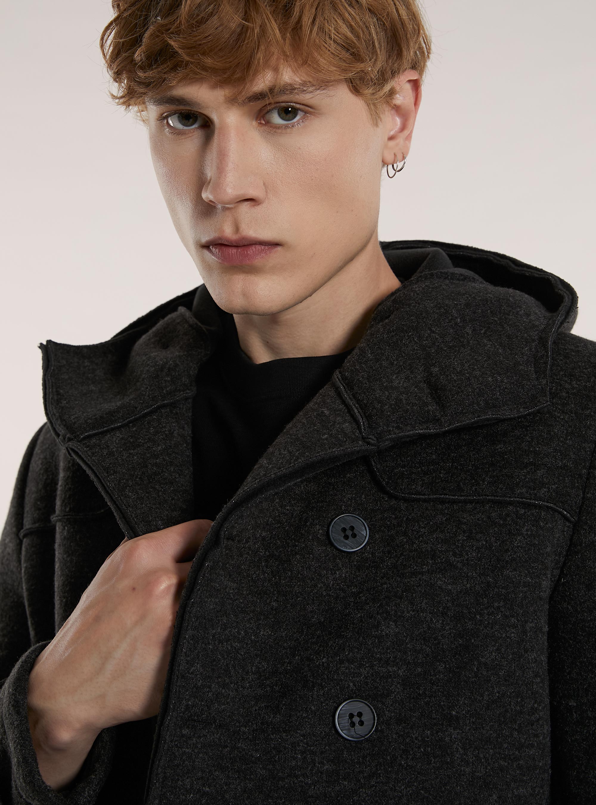 Double-breasted caban coat with hood, GY1 GREY DARK