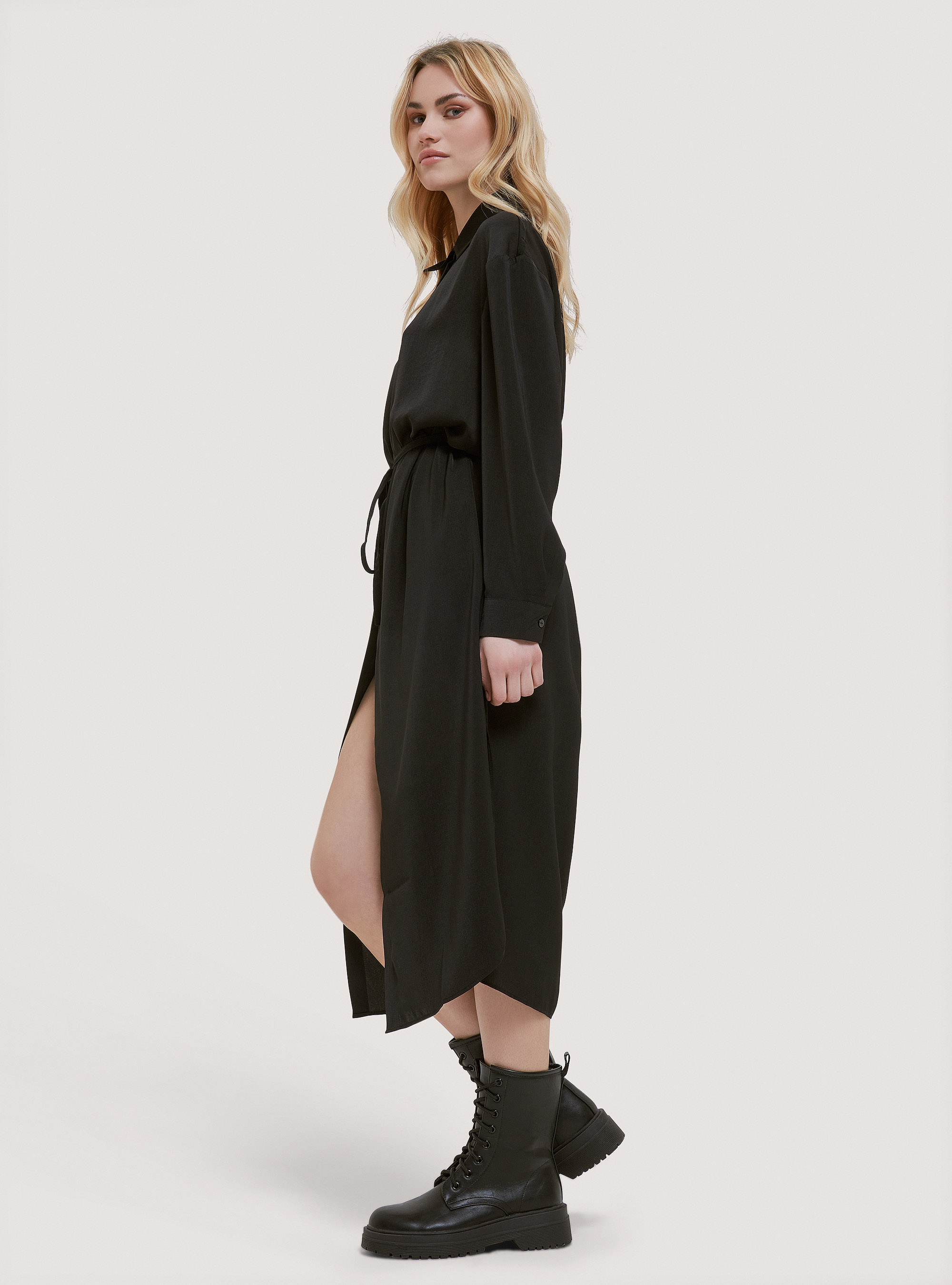 Satin chemisier with belt, BLACK