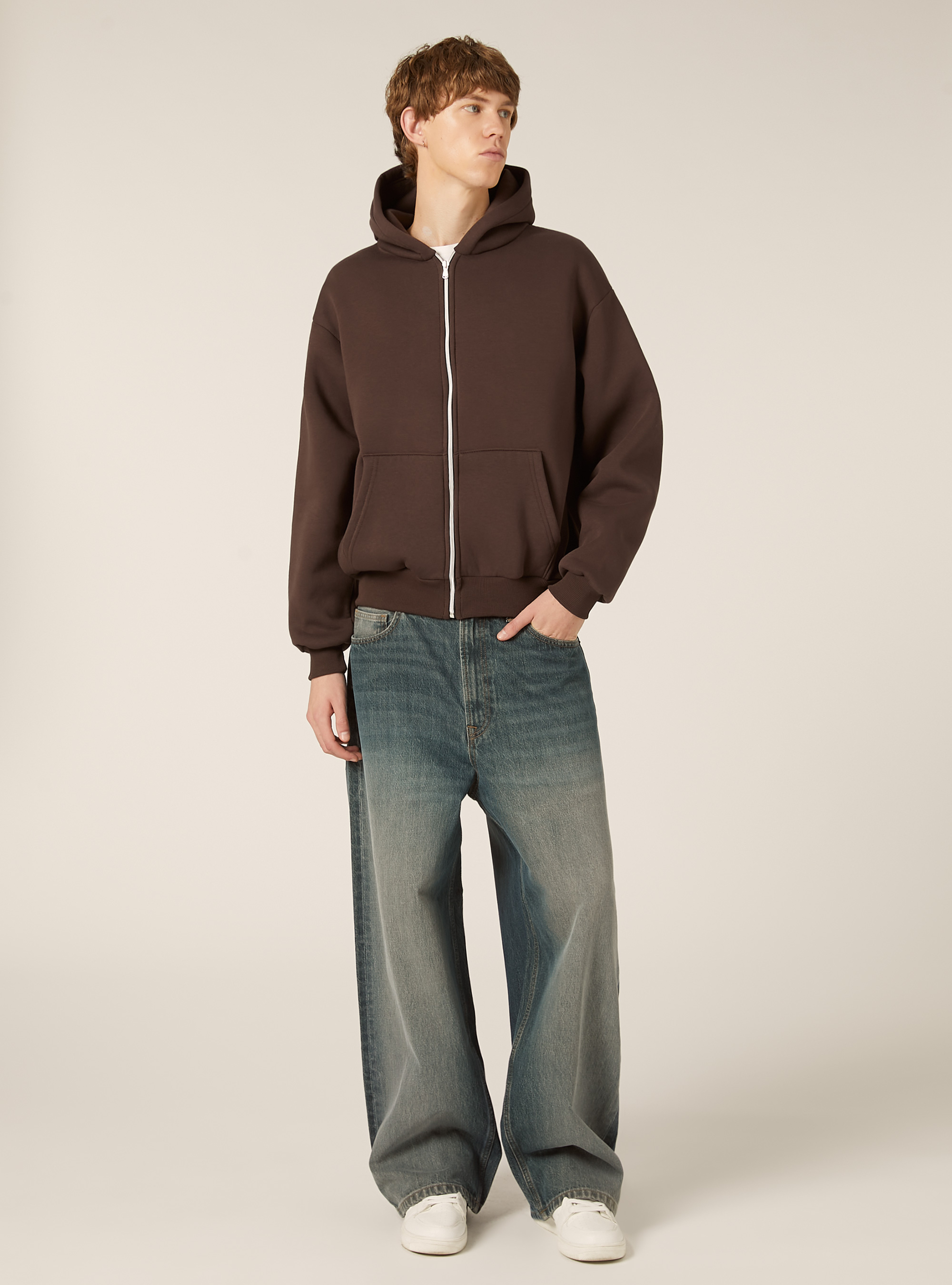 Boxy fit zip-up hoodie, BR1 BROWN DARK