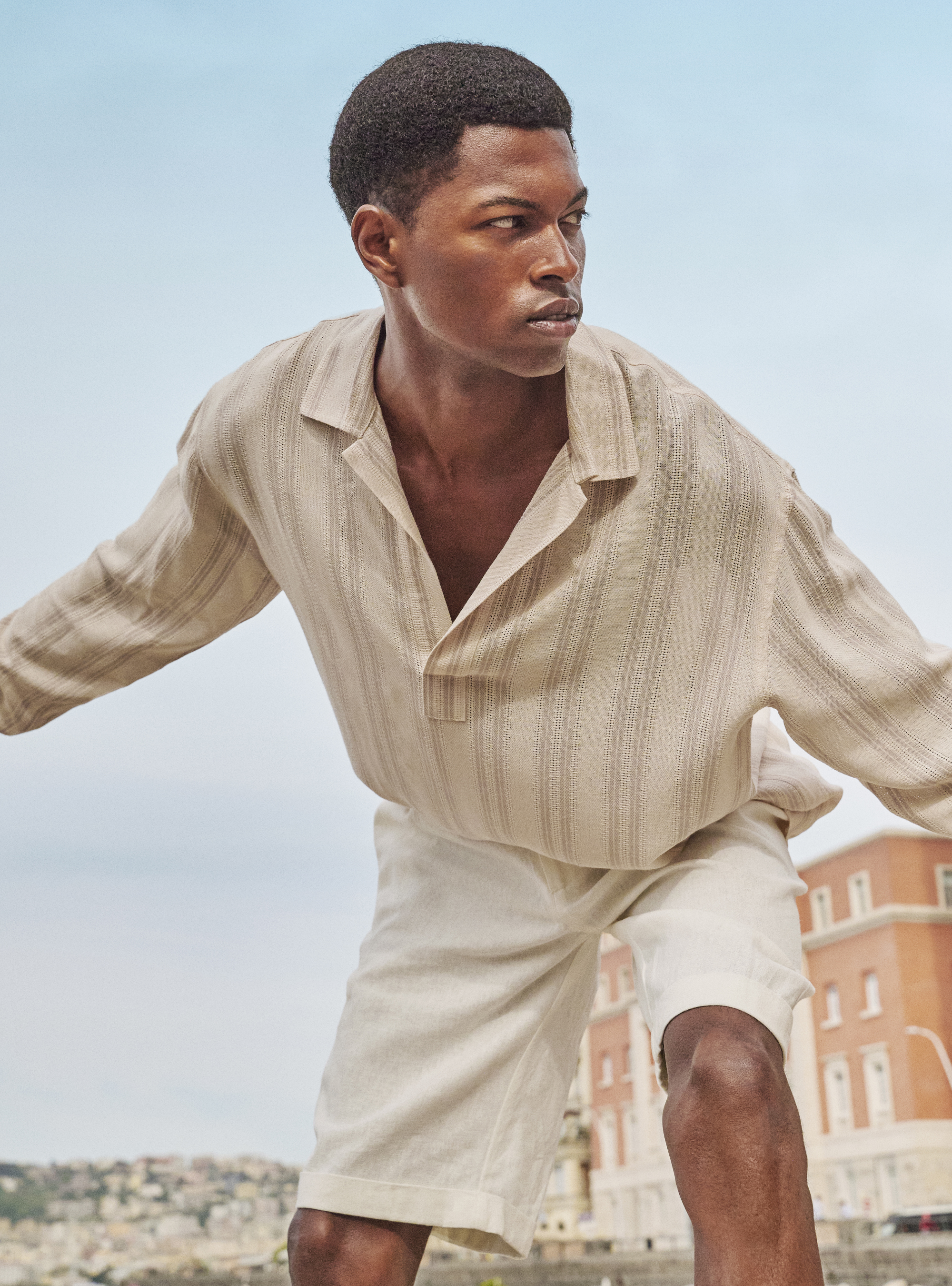 Camicia manica lunga in misto lino, BG3 BEIGE LIGHT