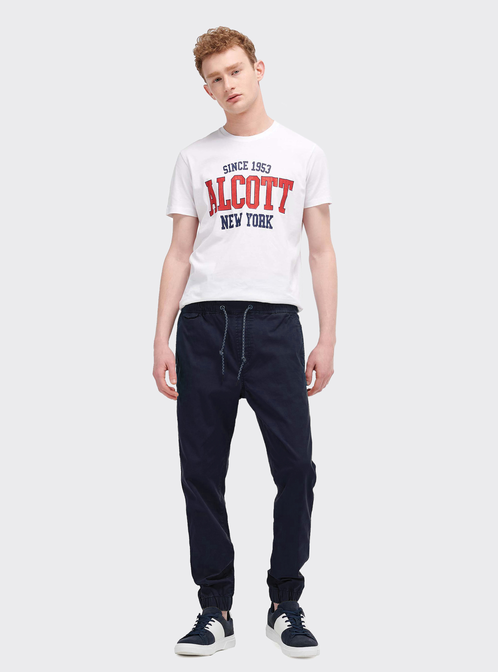 Jogger in cotone con elastico e stringa, BLU MARINO