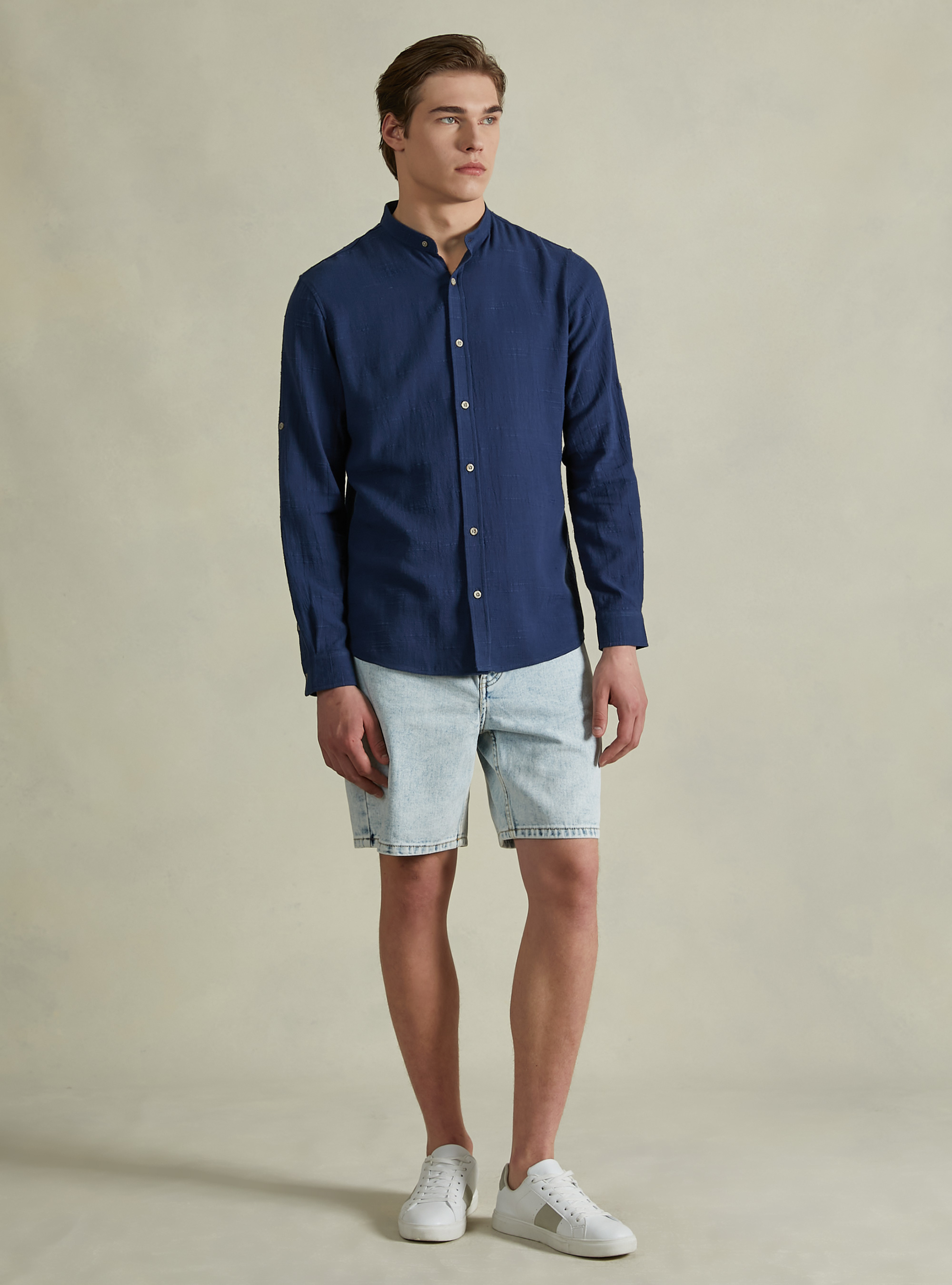 Linen blend shirt with Korean collar, NA1 NAVY DARK