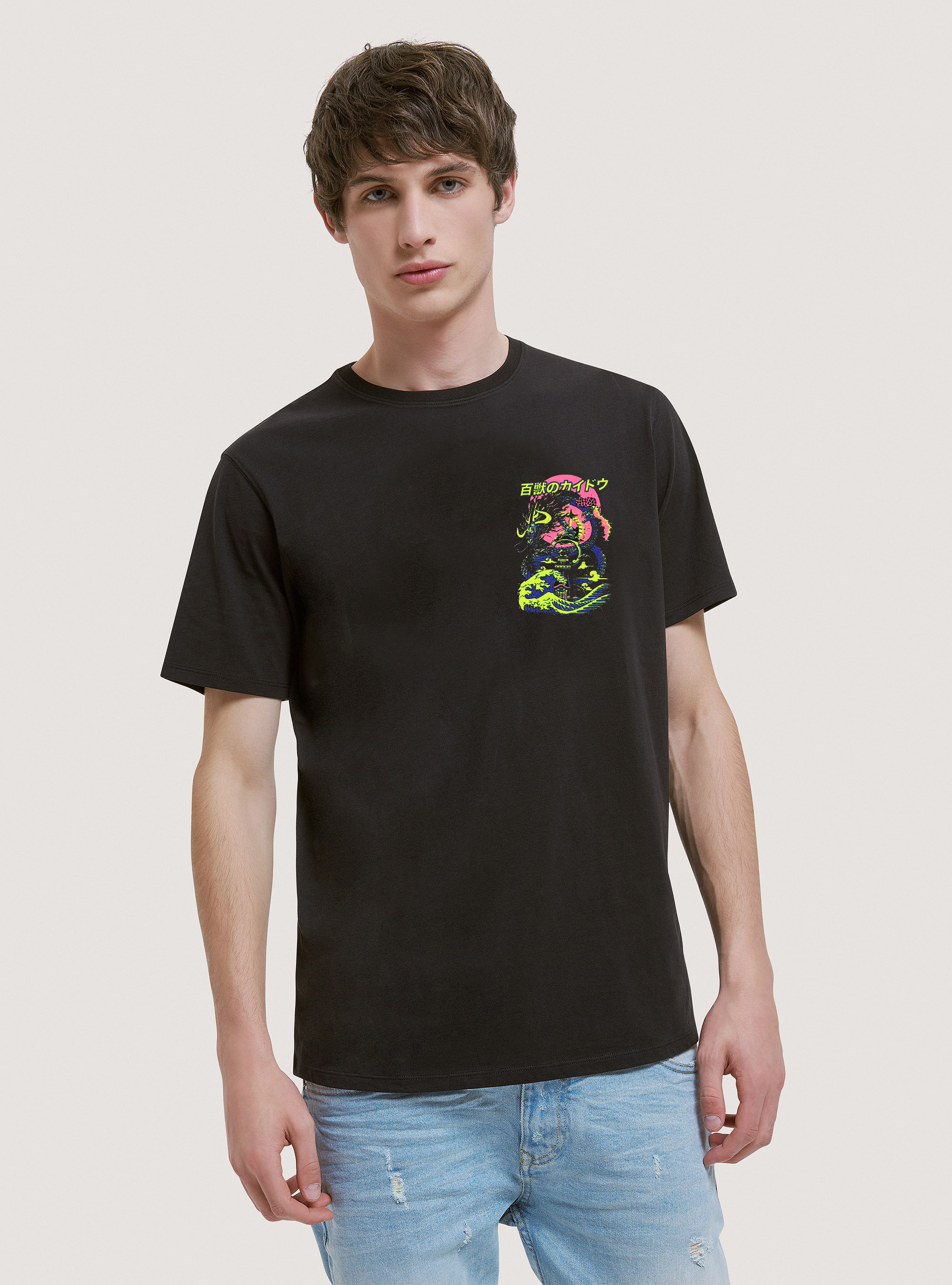 T-shirt avec imprim&eacute; japonais, BK1 BLACK