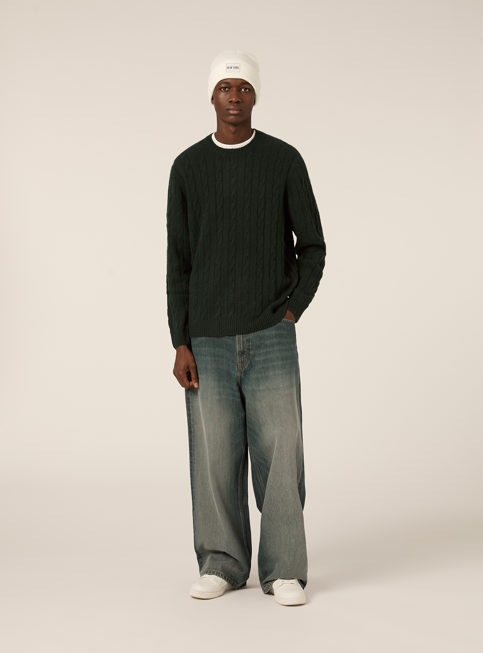 Maglione girocollo cable, GN1 GREEN DARK