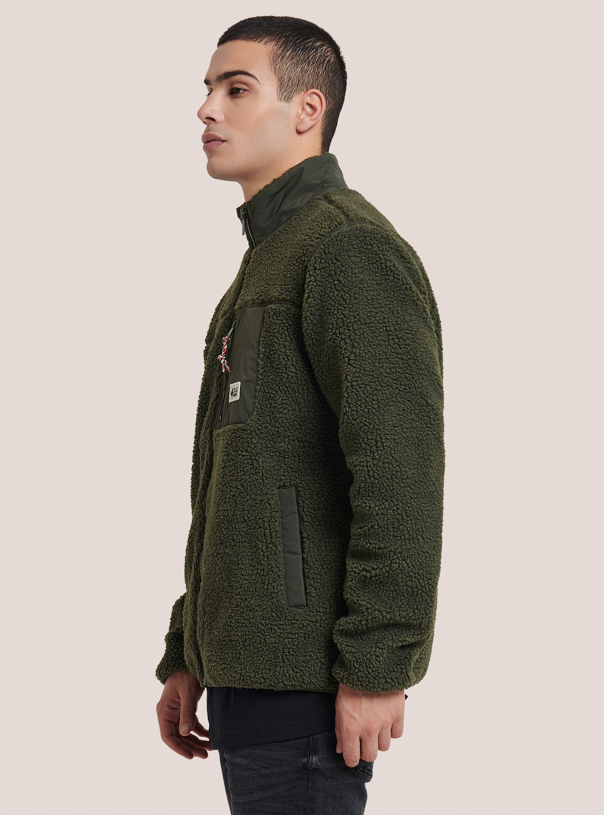 Patchwork teddy jacket, KAKI