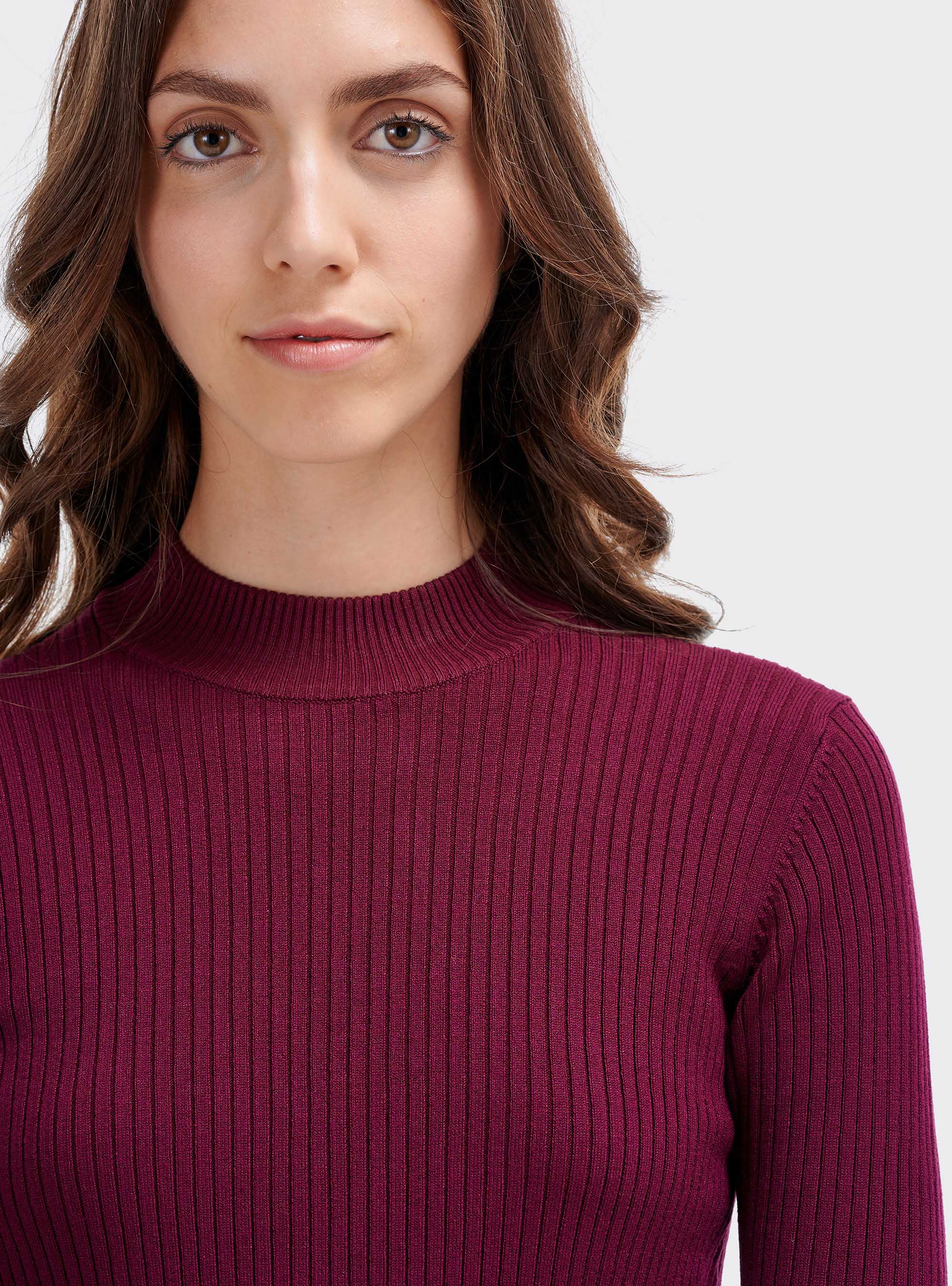 Half-neck pullover in ribbed knit, BORDEAUX