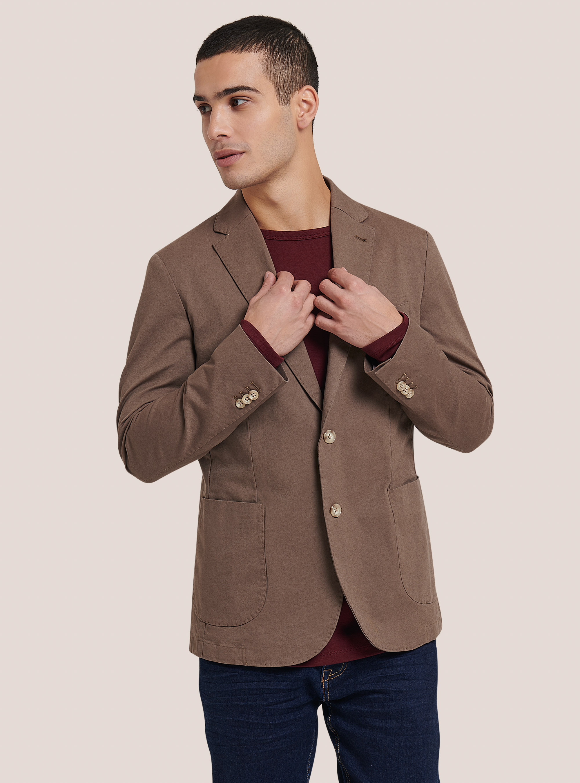 Giacca con tasca a toppa in misto cotone, C5615 BROWN