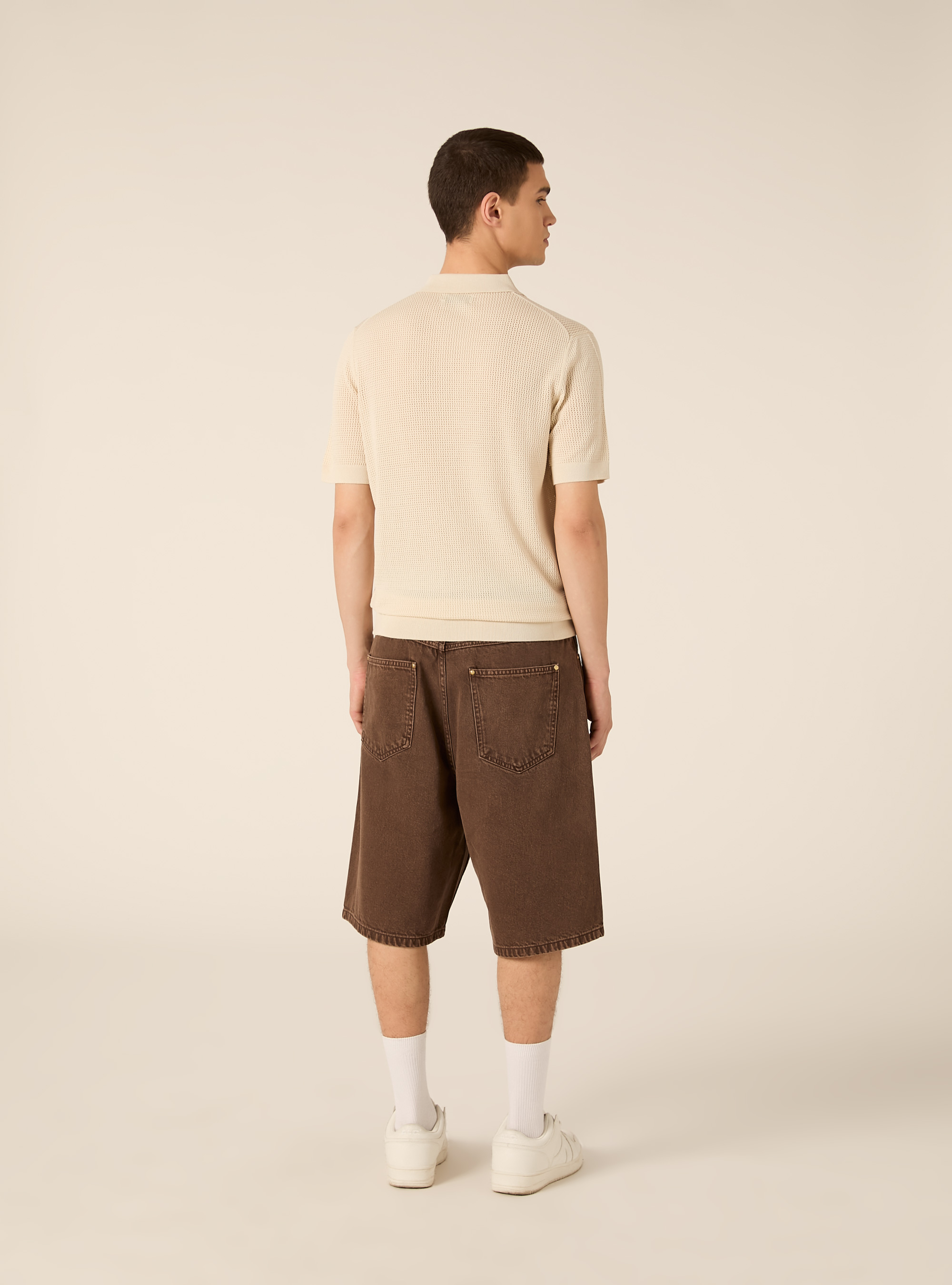 Maglia polo in crochet in misto viscosa, CREMA CHIARO