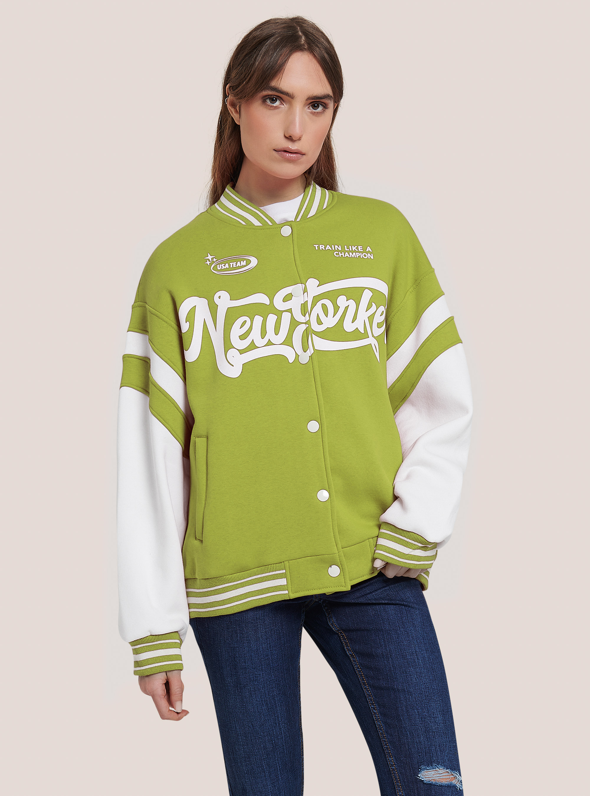 College Bomber Jacket with Print, GN3 LIGHT GREEN