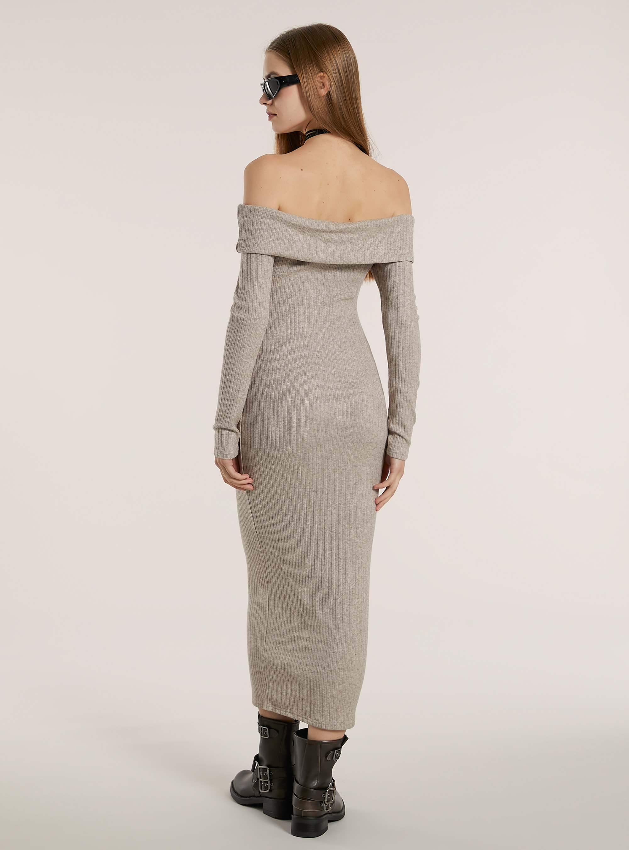 Long knit dress with Bardot neckline, MBG2 BEIGE MEL MED