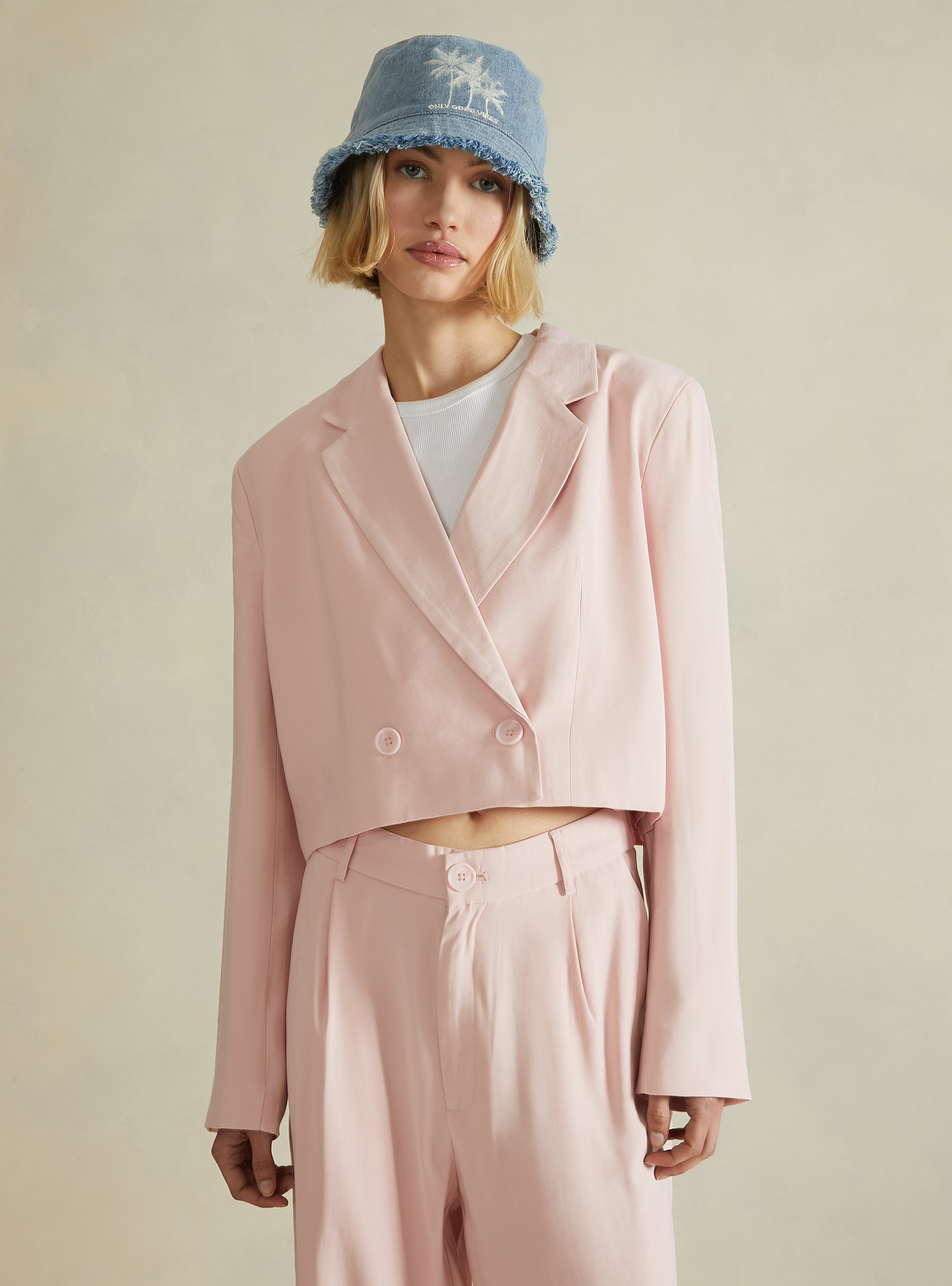 Double breasted soft touch cropped blazer, PK1 PINK DARK