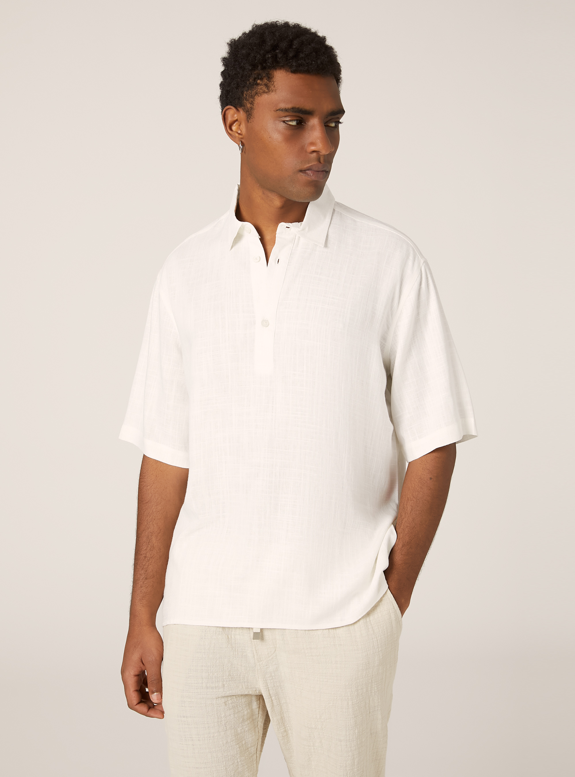 Linen blend short-sleeved shirt, WH1 OFF WHITE