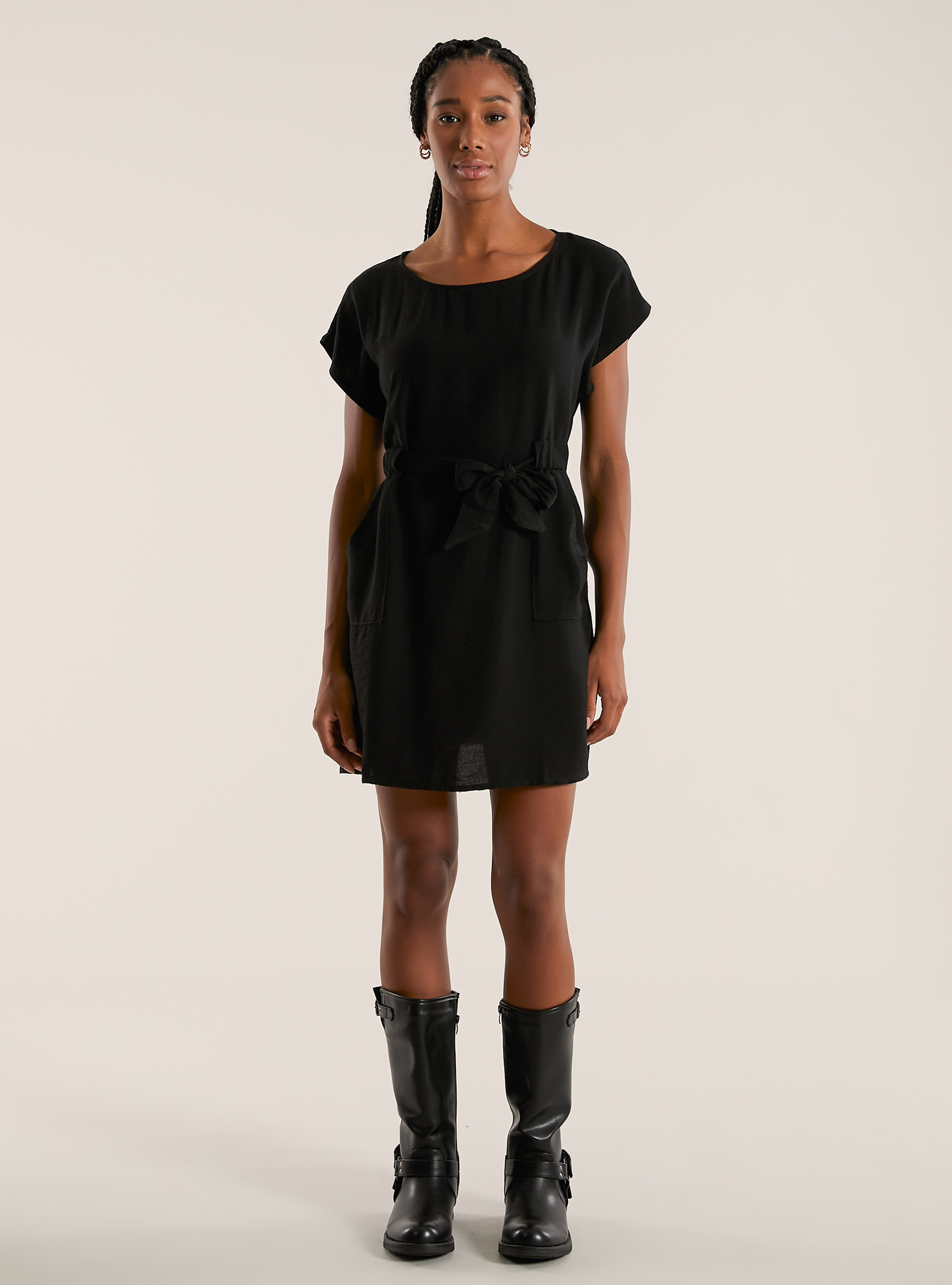 Short dress with belt, BK1 BLACK