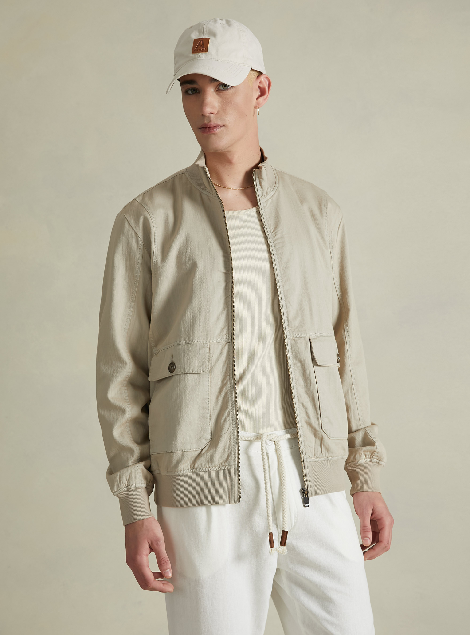 Linen blend bomber jacket with large pockets, BG2 BEIGE MEDIUM