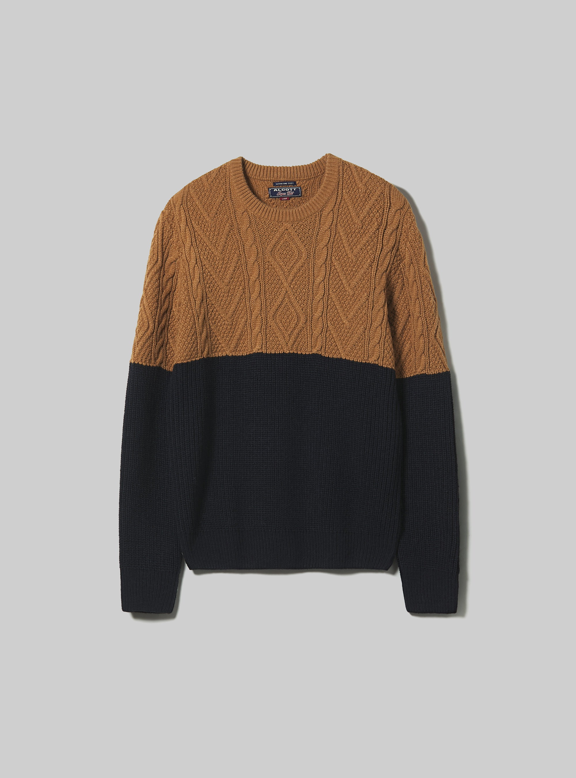 Pullover color block in misto lana con lavorazione a trecce, BG3 BEIGE LIGHT