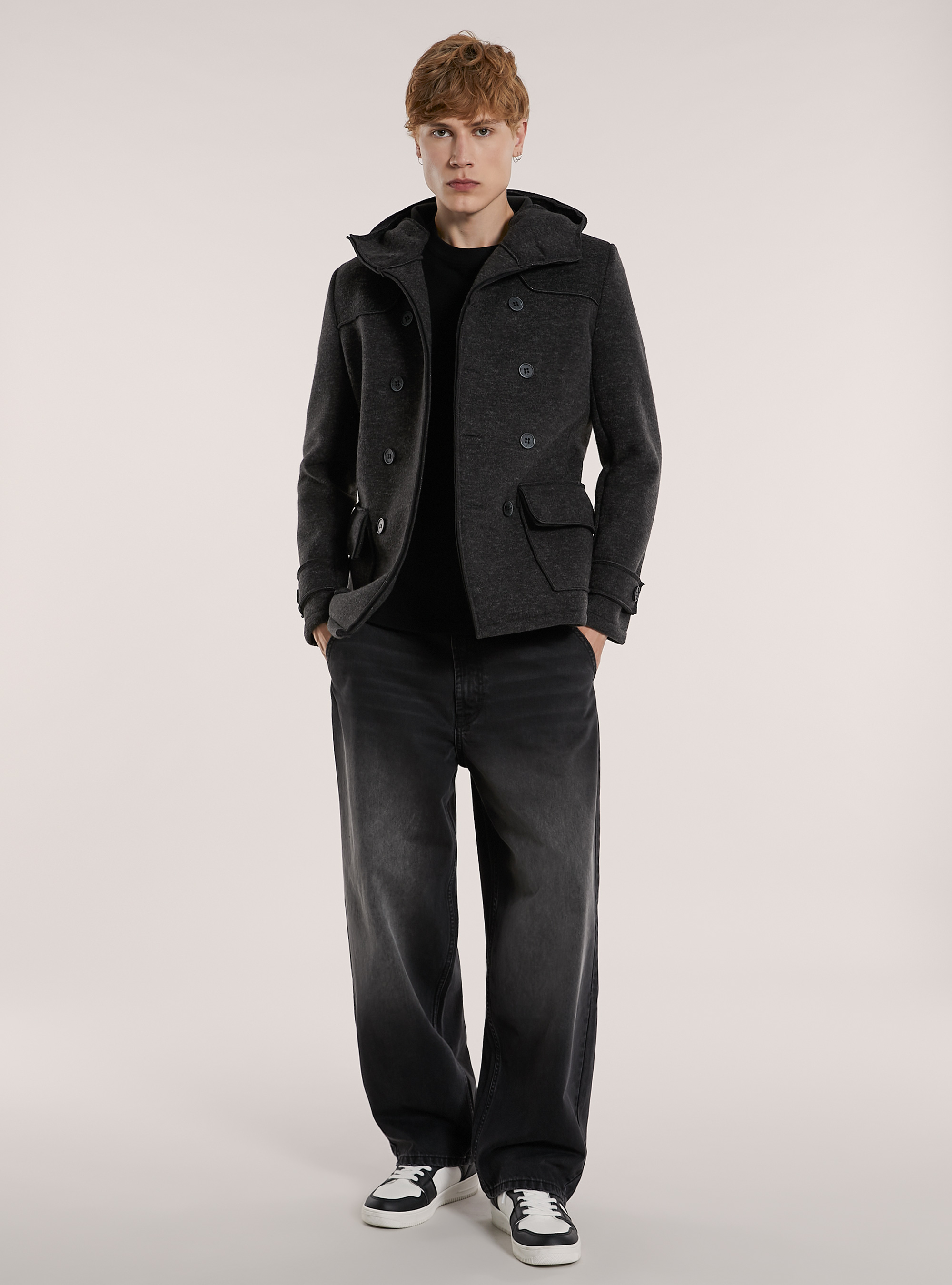 Double-breasted caban coat with hood, GY1 GREY DARK