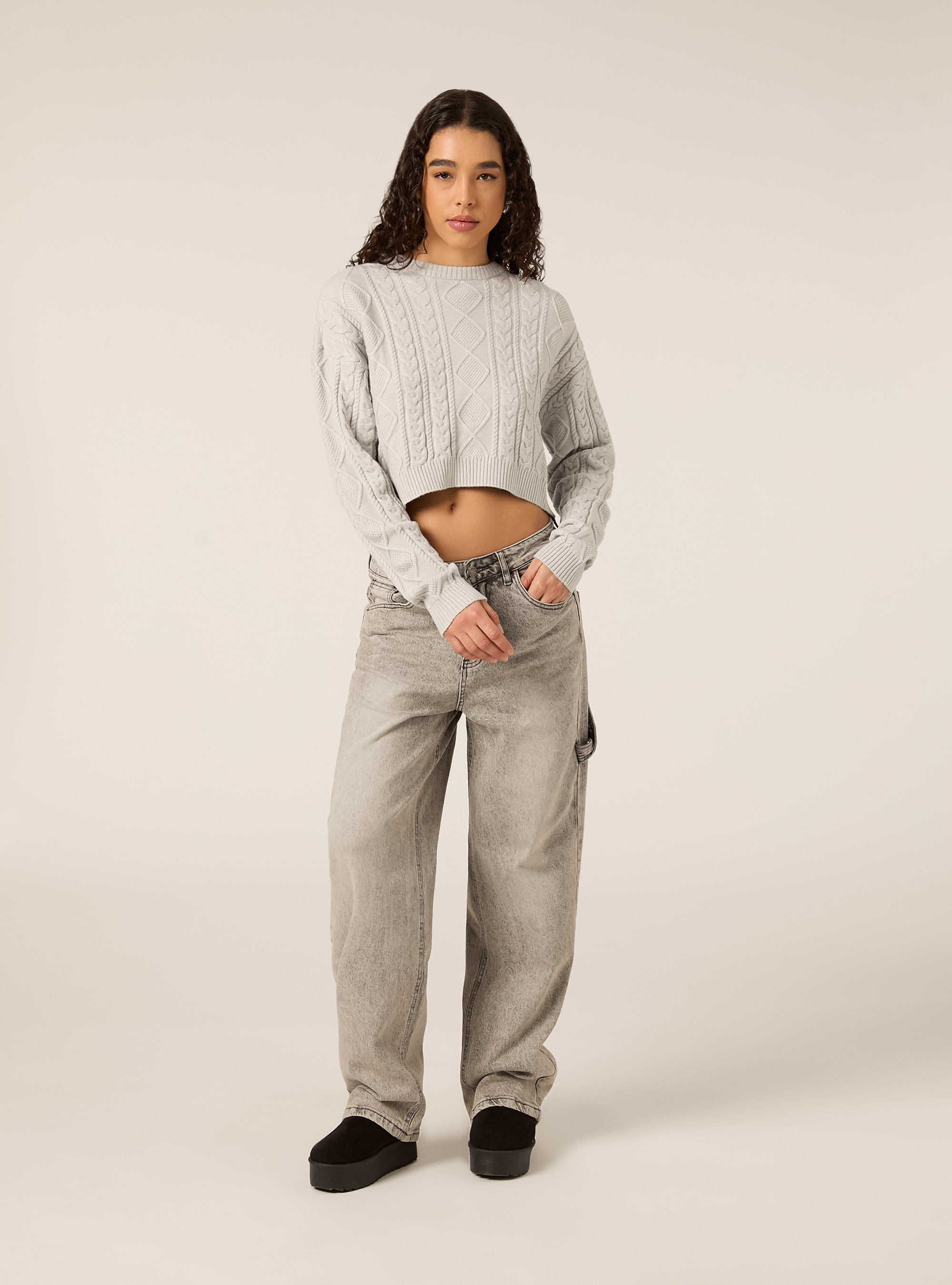 Maglia con collo rotondo a trecce, MGY2 GREY MEL MEDIUM