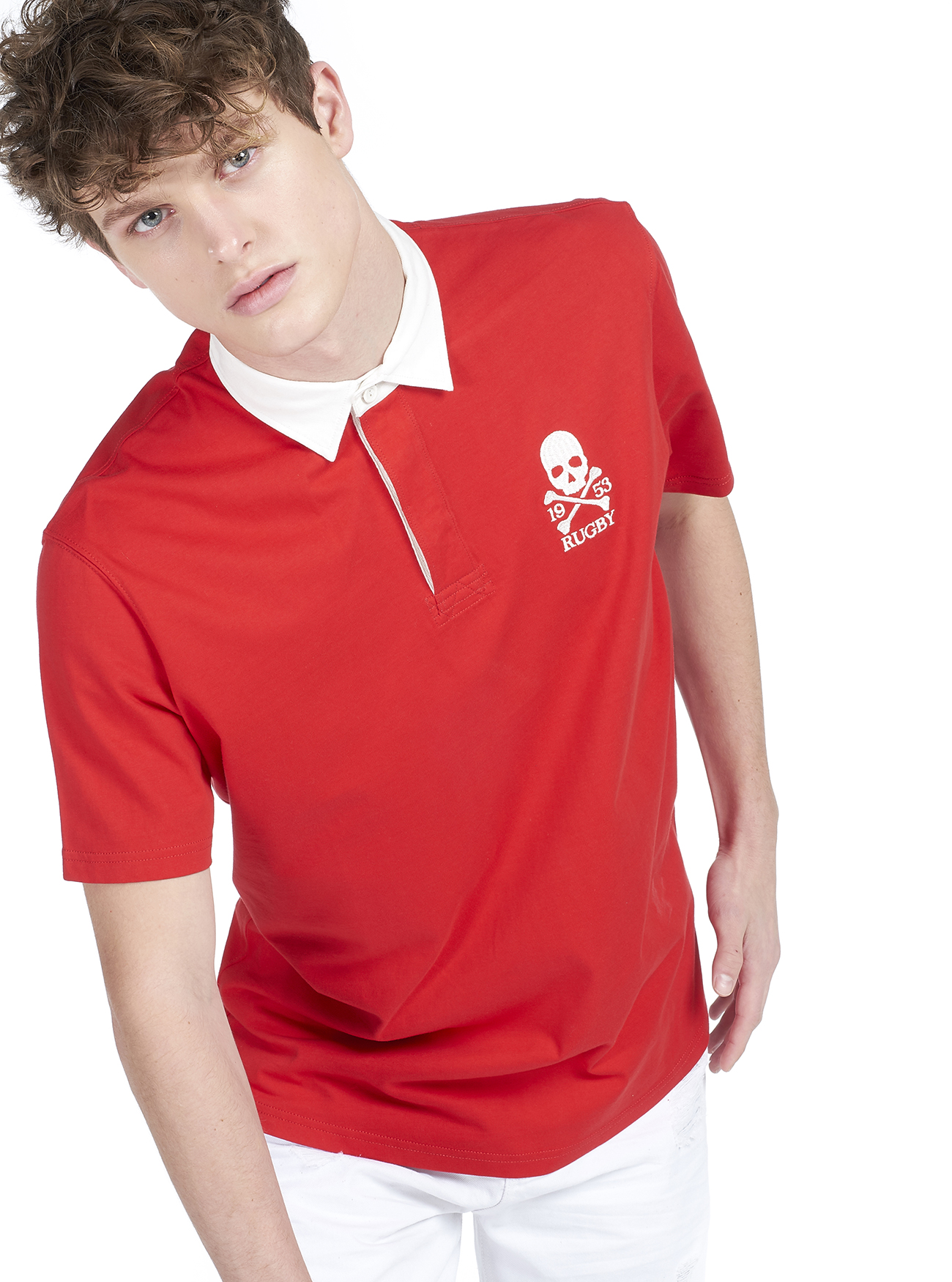 Polo con ricamo e colletto a contrasto, ROSSO