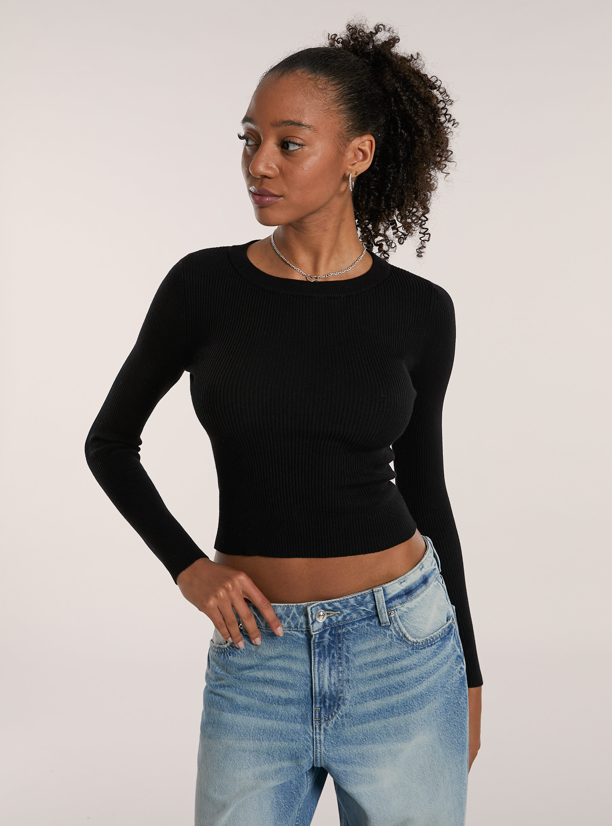 Maglia girocollo a coste, BK1 BLACK