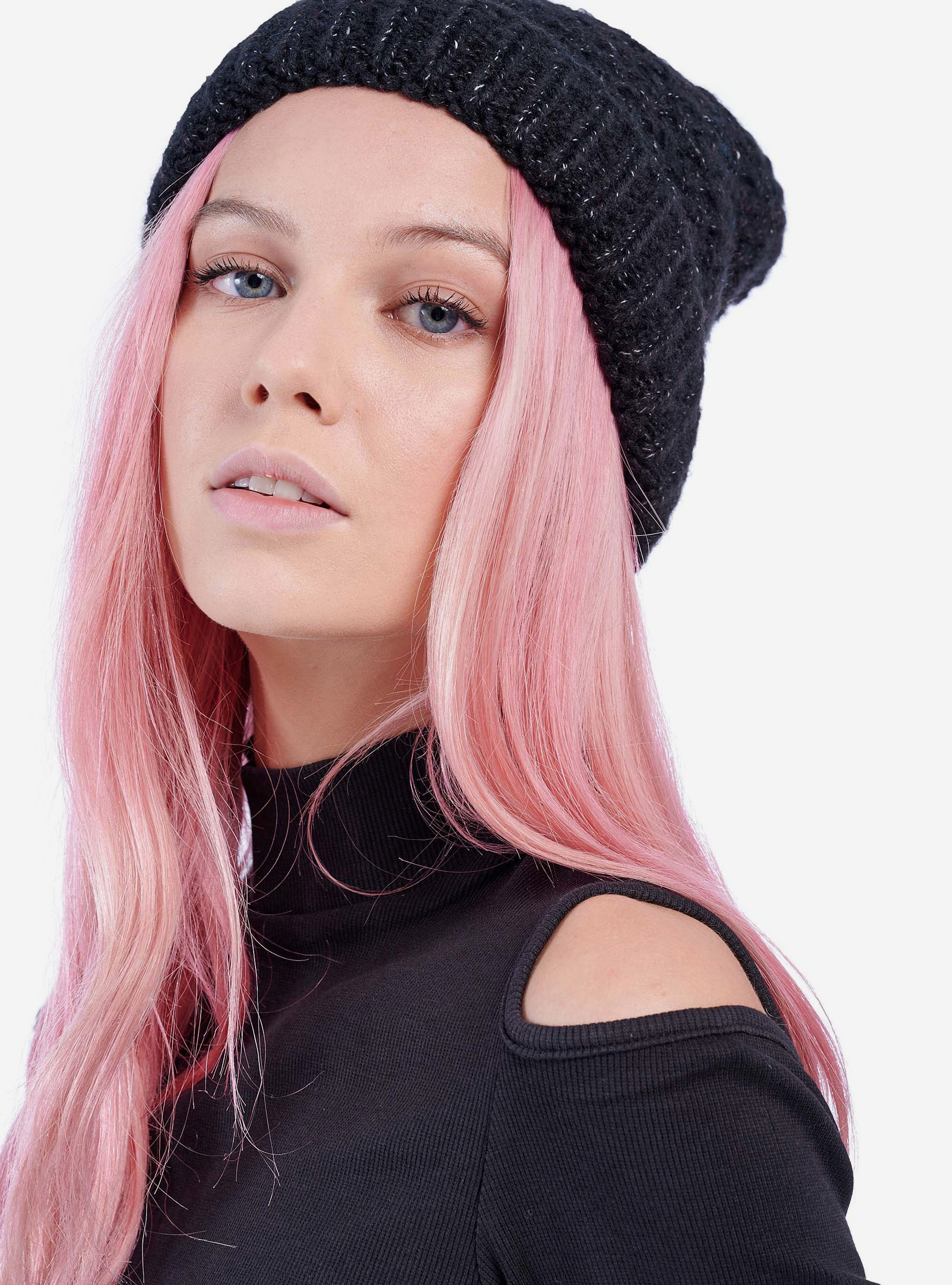 HIGH NECK SWEATER WITH BARE SHOULDERS, BLACK