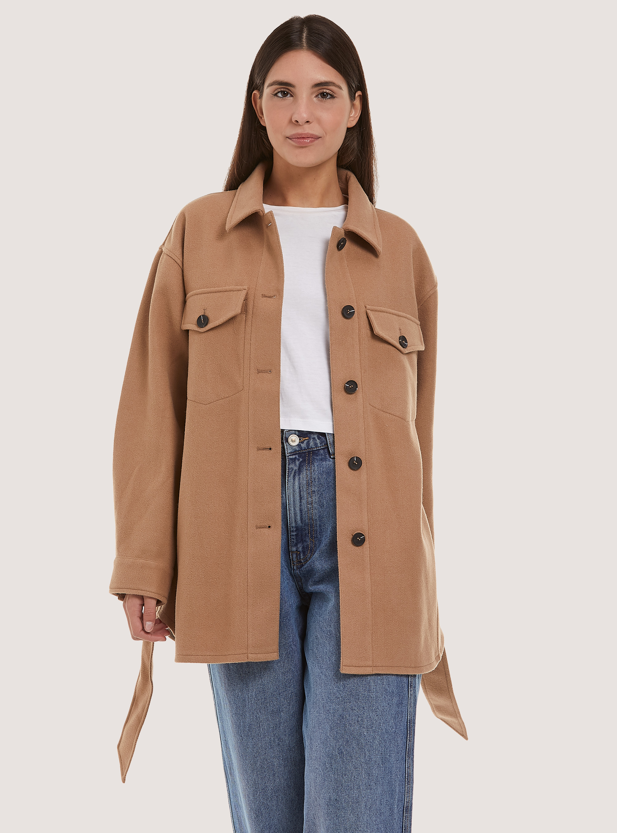 Giacca camicia soft touch oversize con cintura, TB2 TOBACCO MEDIUM