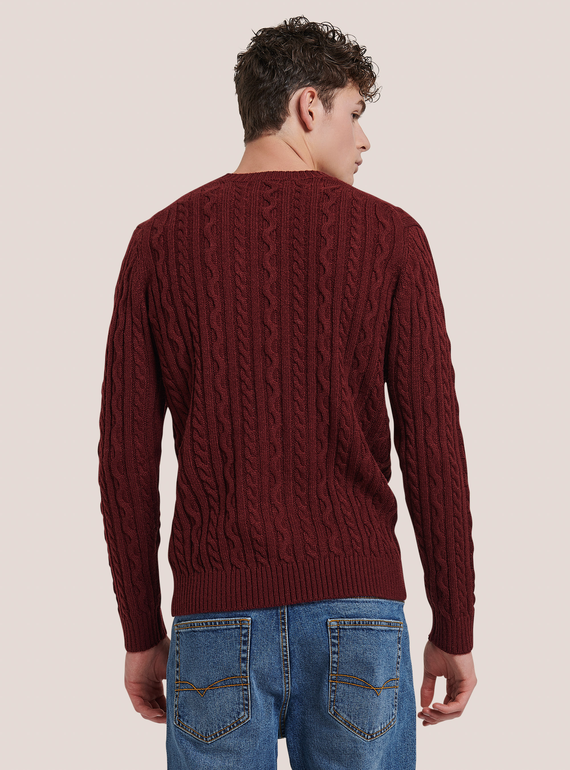 Crew-neck pullover with braids, C3307 WINE