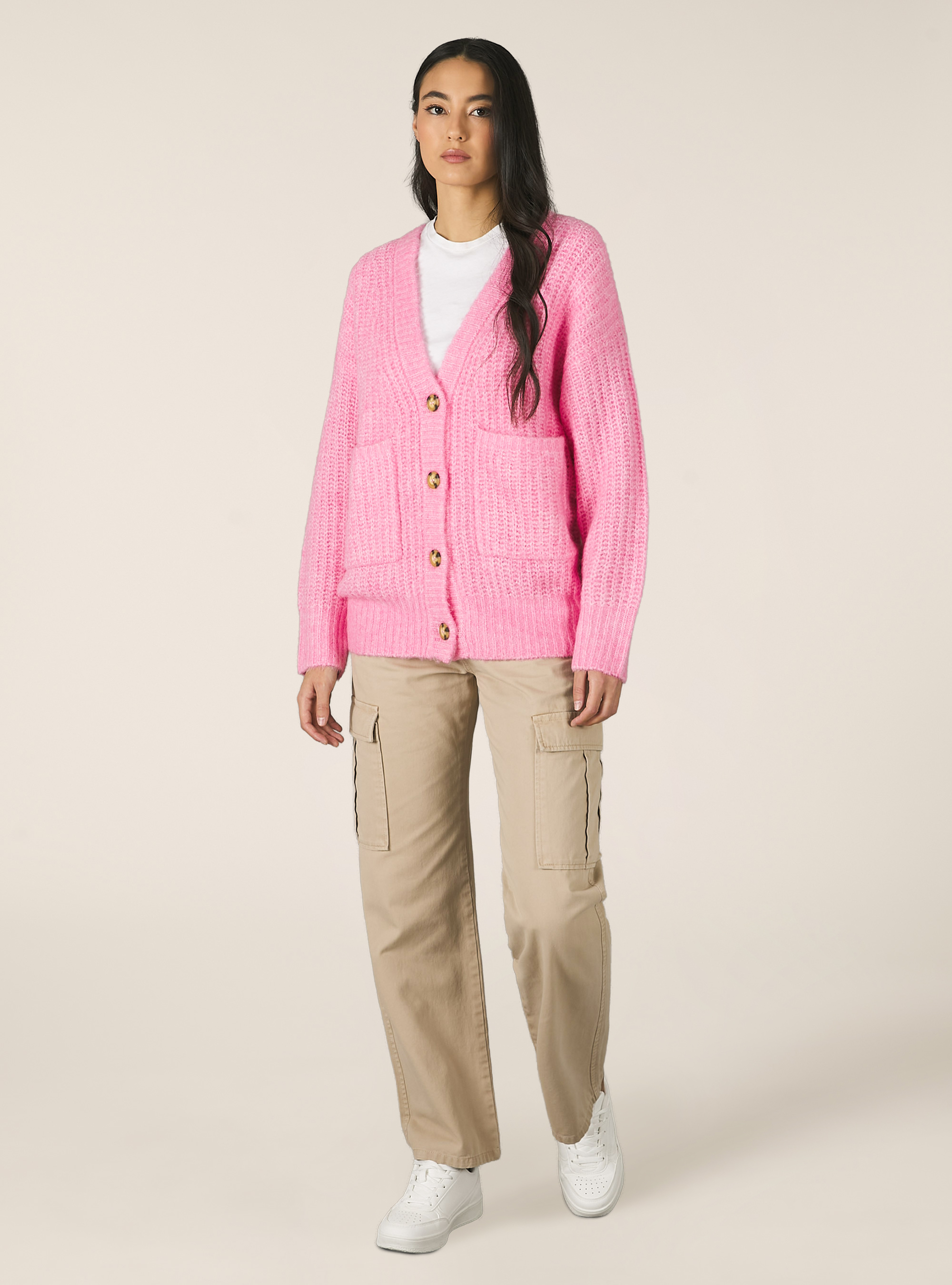 Ribbed cardigan pullover, MPK2 PINK MEL MEDIUM