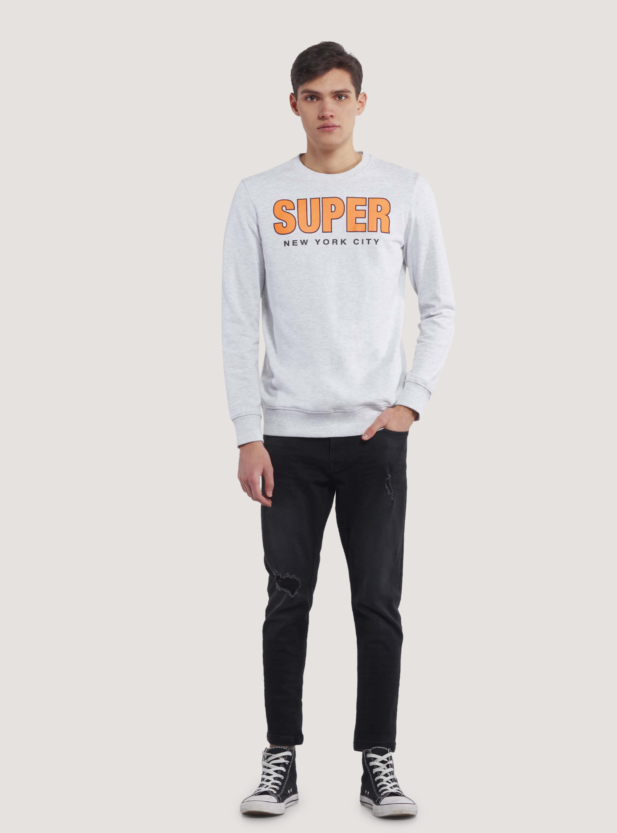 Terry crew neck sweatshirt with print, C148 ICE MELANGE
