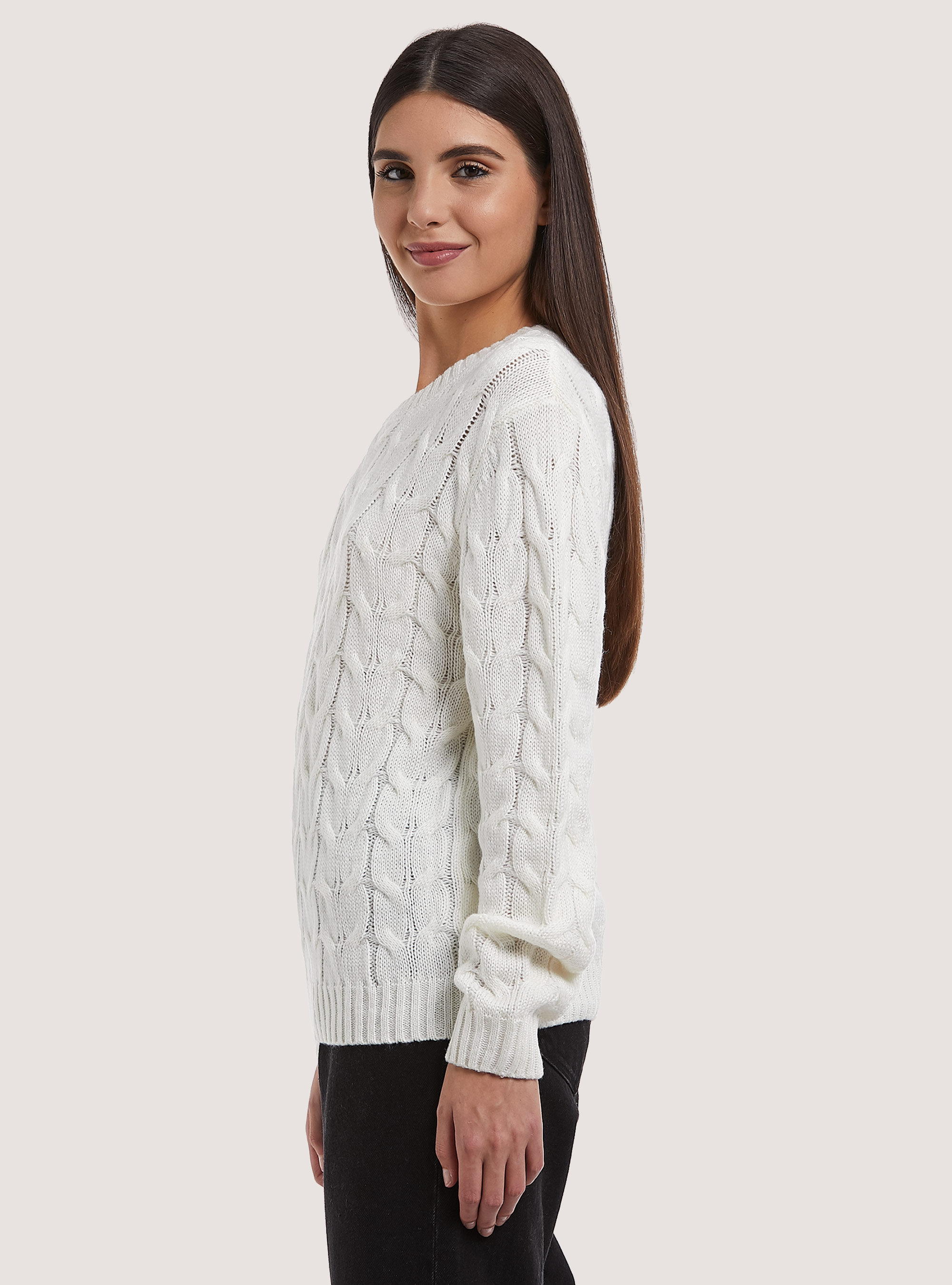 Pullover in misto lana con trecce, WHITE