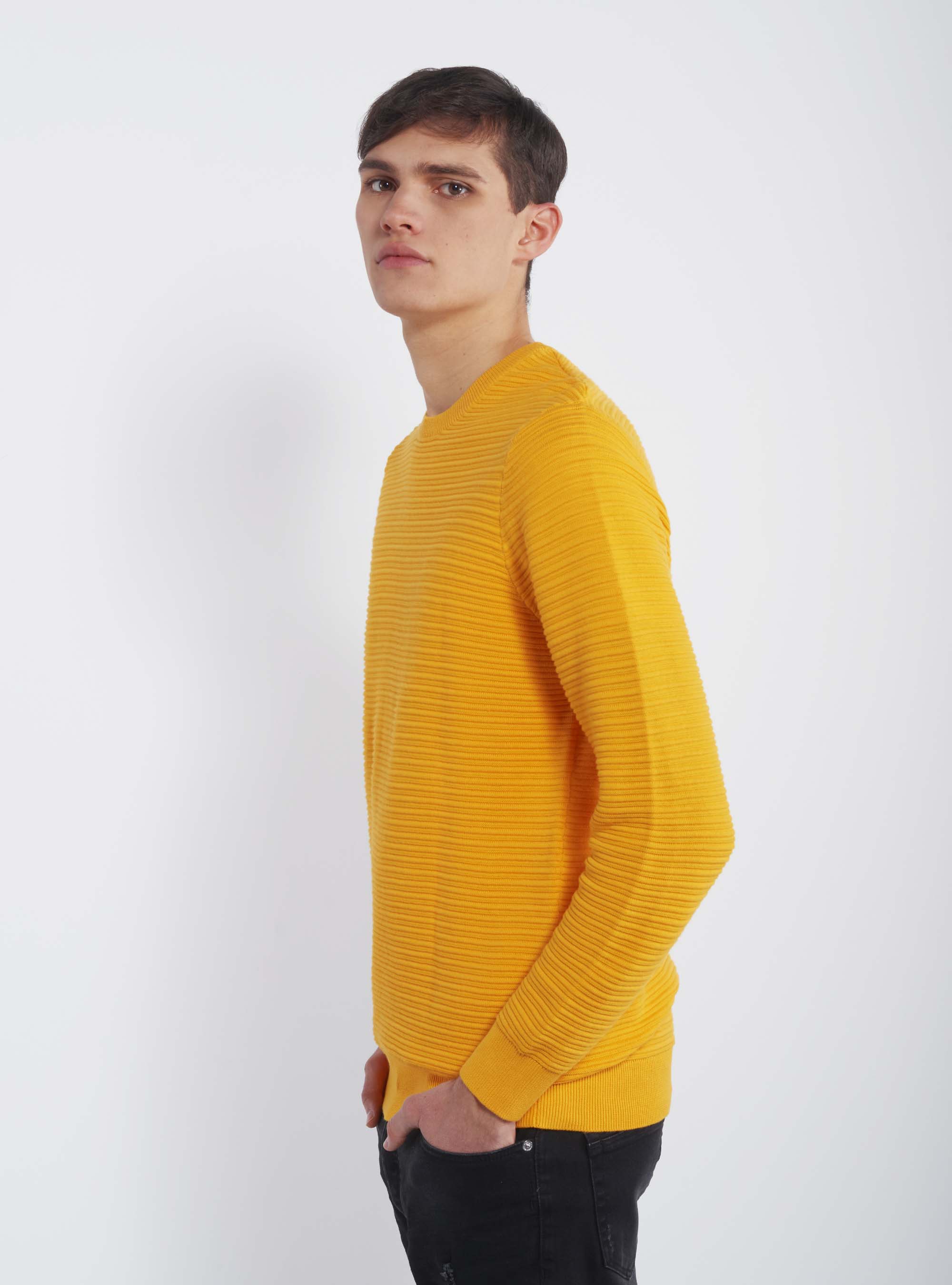 Basic Pullover mit Rundhalsausschnitt aus strukturiertem Strick, C7747 YELLOW