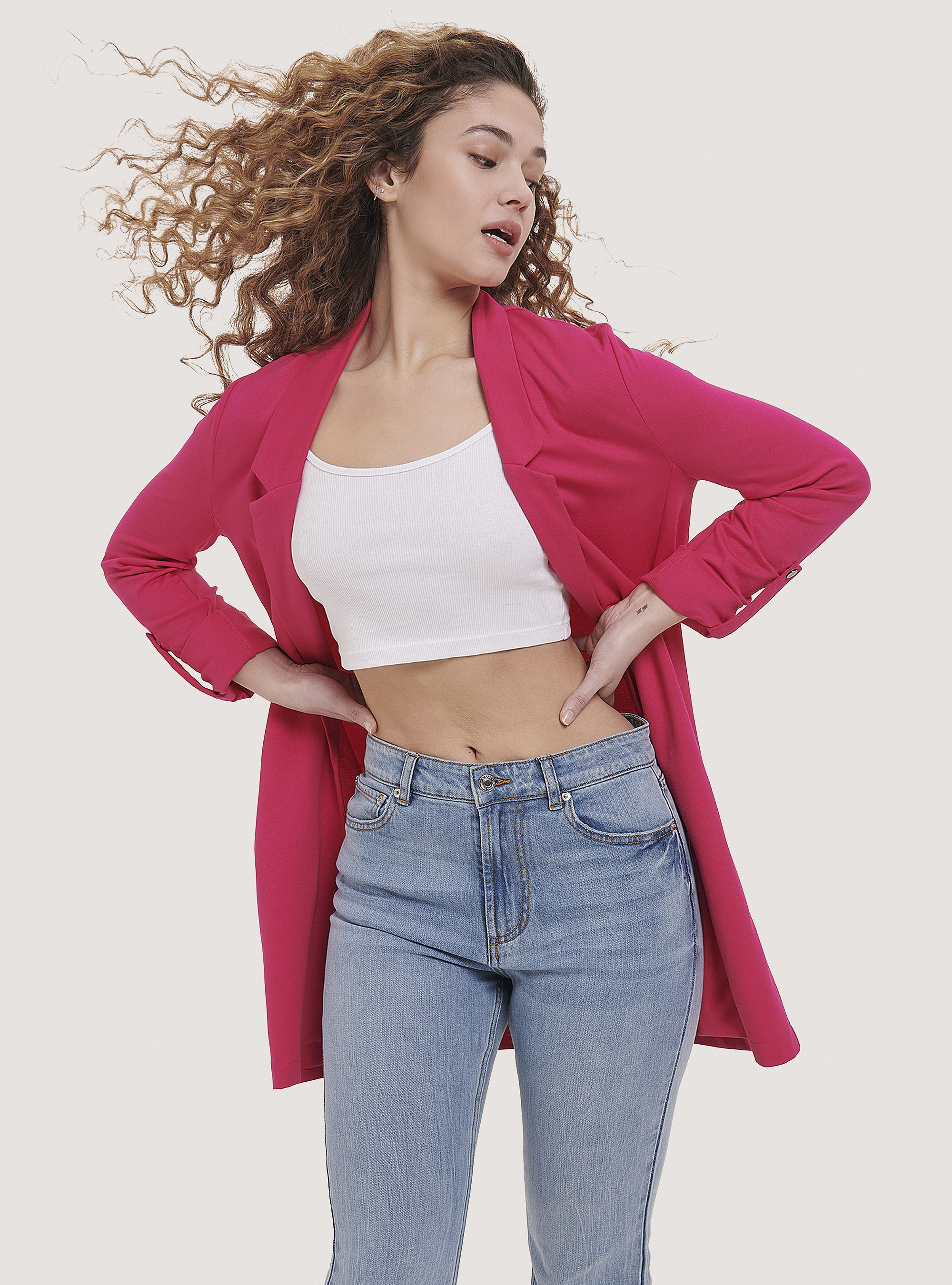 Blazer lungo in tinta unita, FUXIA