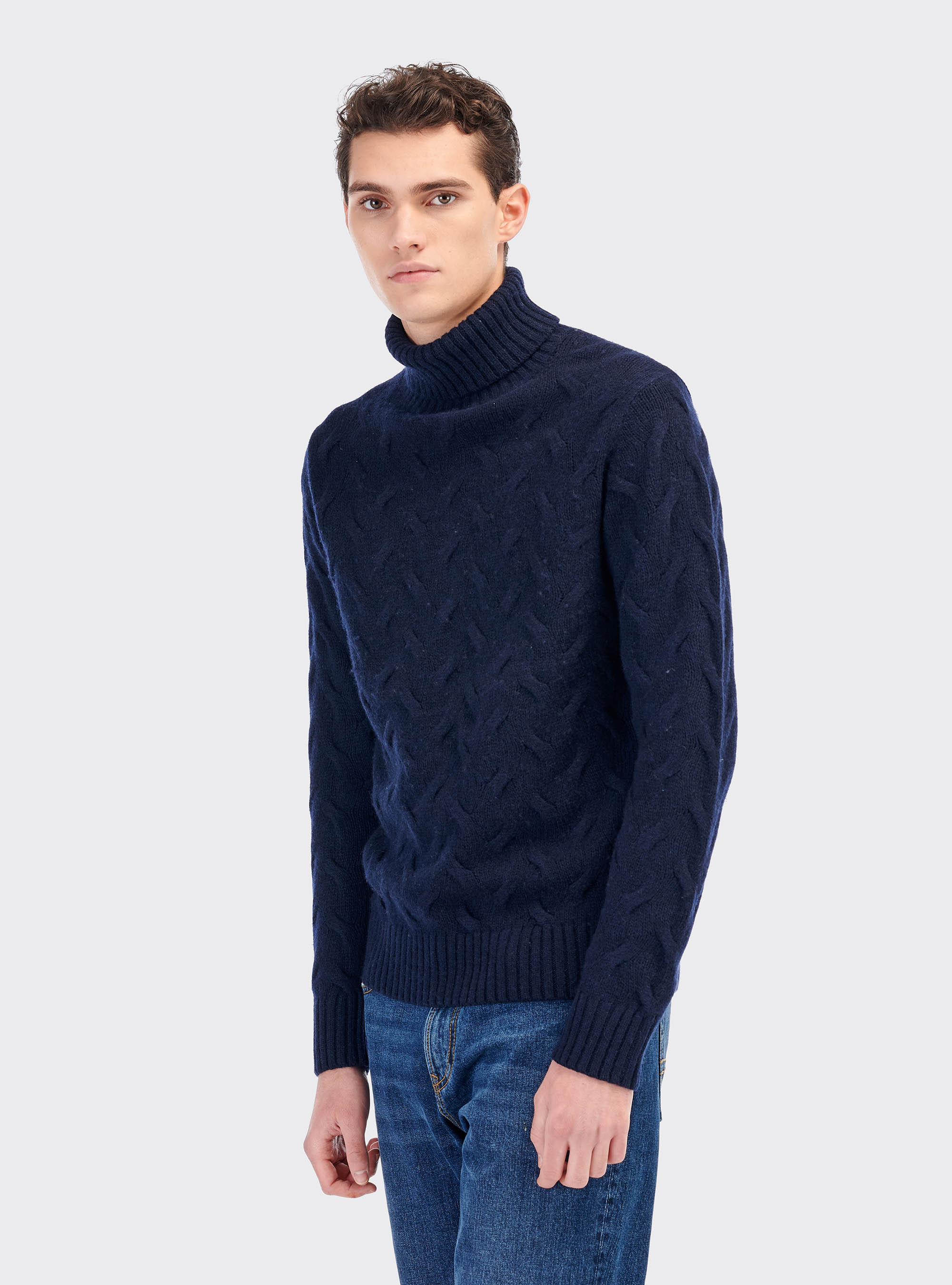 HIGH NECK PULLOVER IN MIXED CASHMERE, BLUE NAVY
