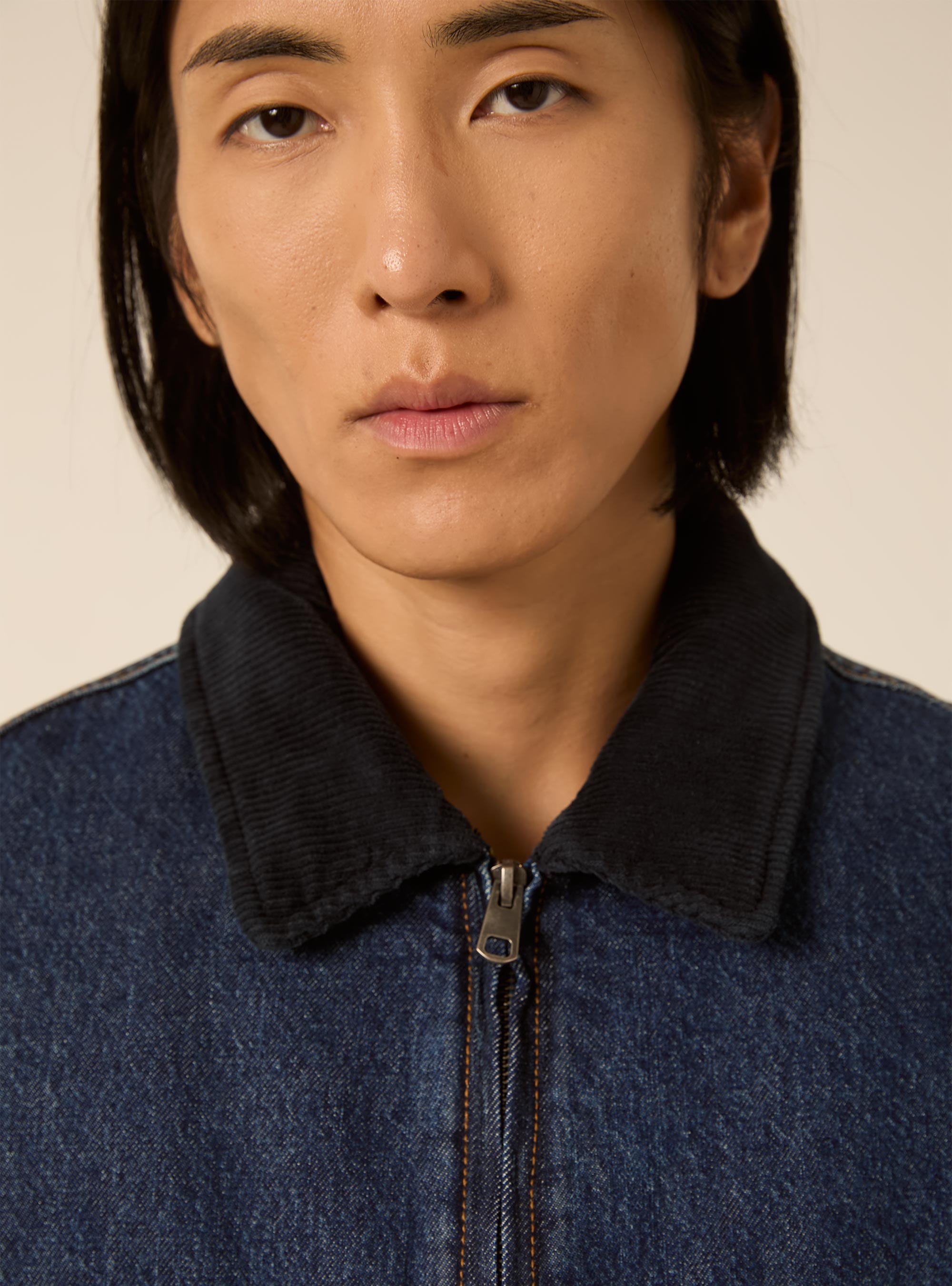 Bomber in denim con collo in velluto, D006 AZURE